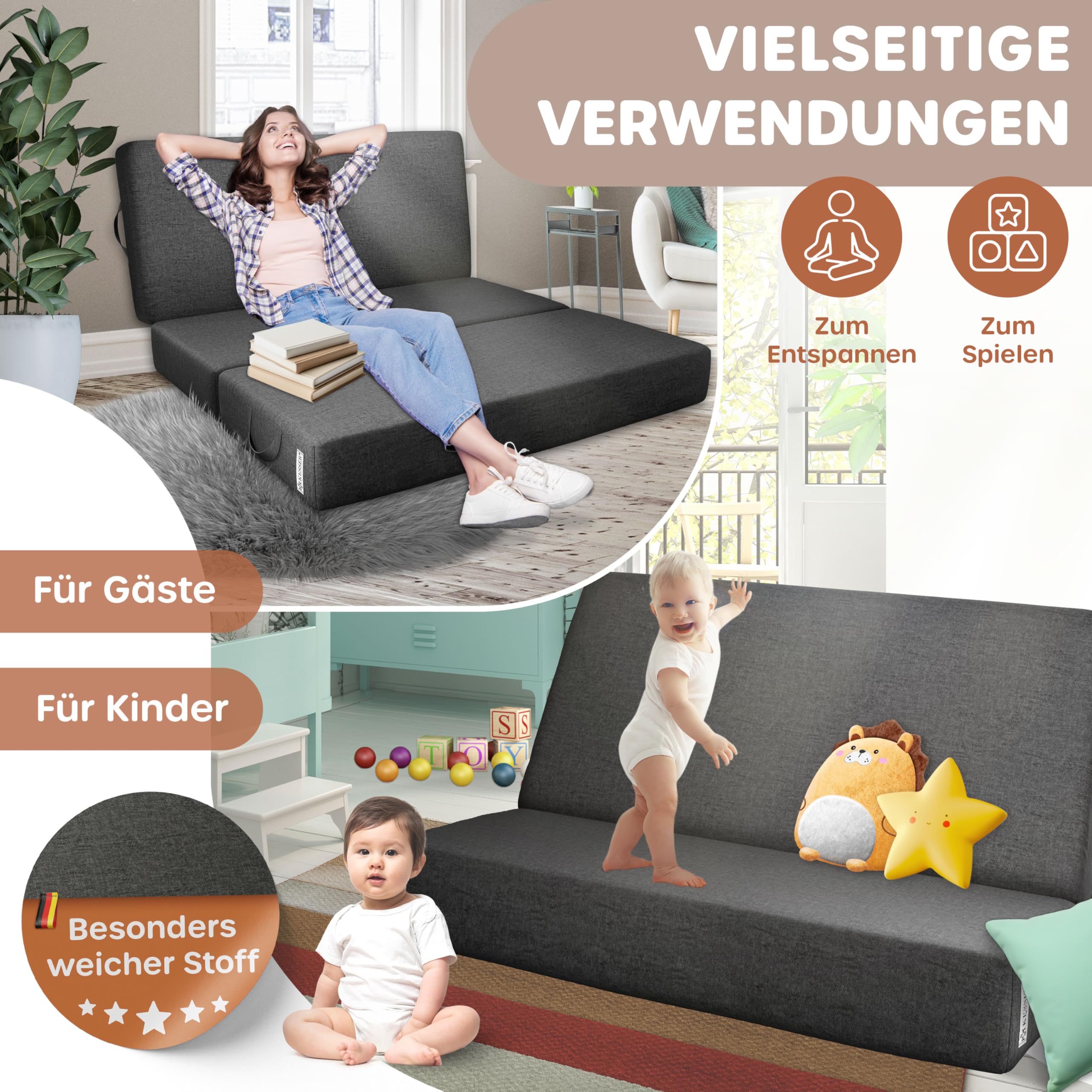 KESSER® Colchón plegable de 120 x 195 x 15 cm, colchón para invitados plegable en 3 partes para taburete, colchón de espuma de 25 kg/m³, extragrueso, 15 cm, transpirable, lavable, funda extraíble