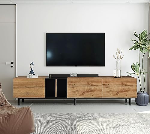 Moderno soporte de TV con 3 gabinetes y estantes abiertos, centro de entretenimiento minimalista de madera para televisores de hasta 80 pulgadas,