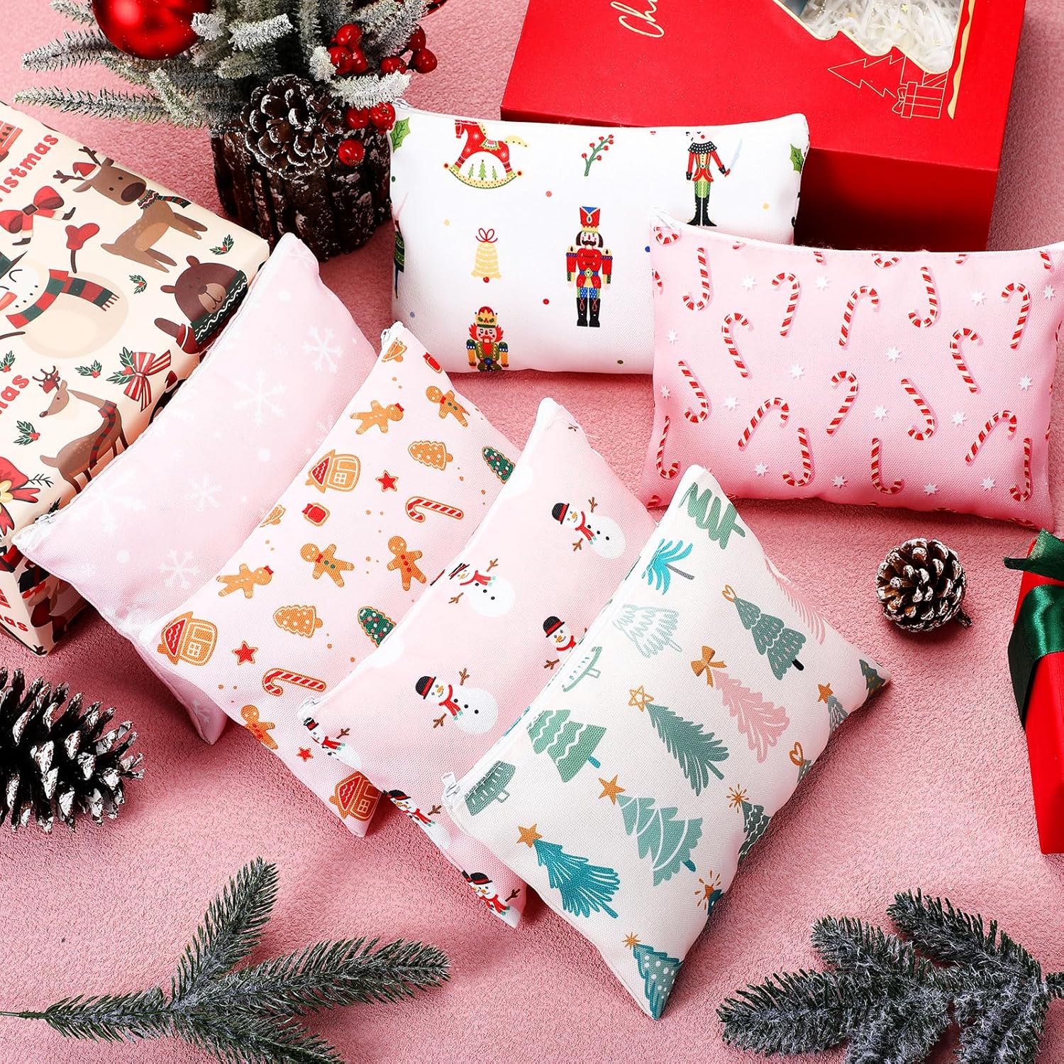 12 Pcs Christmas Makeup Bags Pink Christmas Canvas Cosmetic Bags Bulk 9 x 6 Inches Cute Pencil Pouch with Zipper Travel Toiletry Pouch for Women Winter Holiday Xmas Party Favor Gift