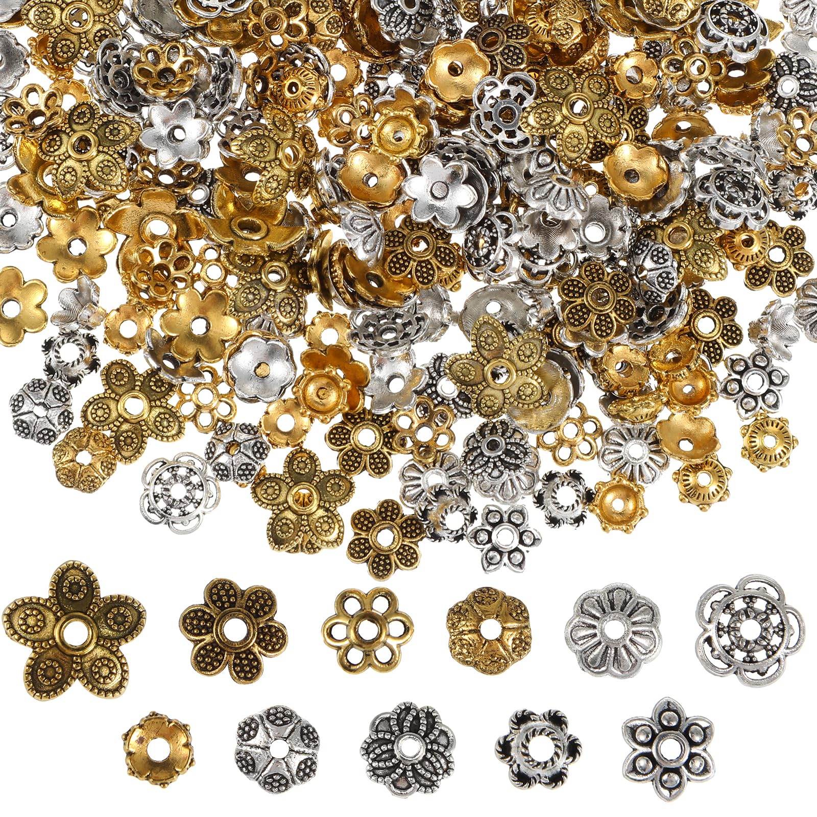 360 Pcs Flower Spacer Beads Caps 12 Styles Mixed Tibetan Alloy Floral End Cap Silver and Gold Flower Bead Spacers Vintage Ring Spacer Cap for DIY Necklace Bracelet Jewelry Making Earrings