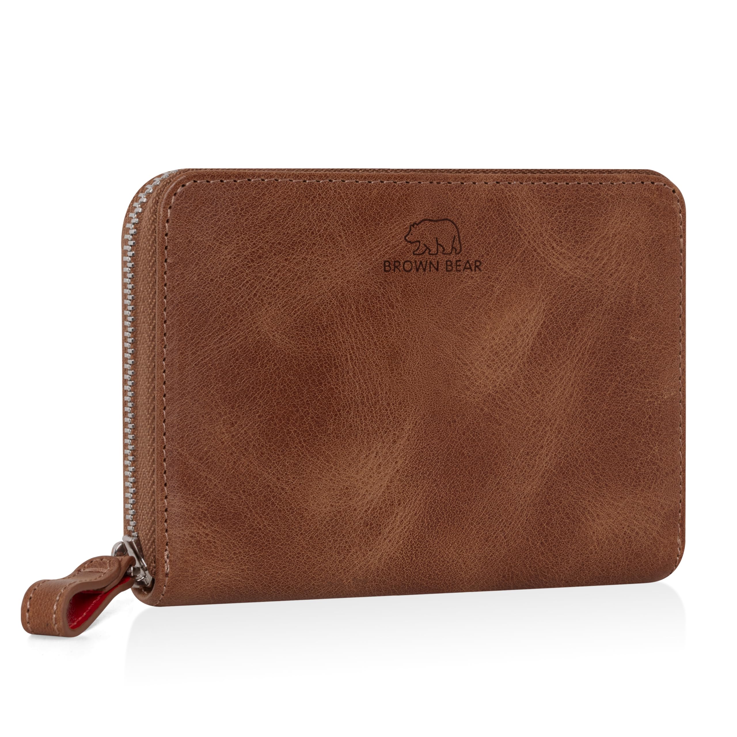 BROWN BEAR Geldbörse Leder Braun mit Reißverschluss & Münzfach - BB Pia HBR | Echtleder Whiskey Vintage Portemonnaie Unisex für Damen und Herren Geldbeutel RFID-Schutz viele Fächer kompakt
