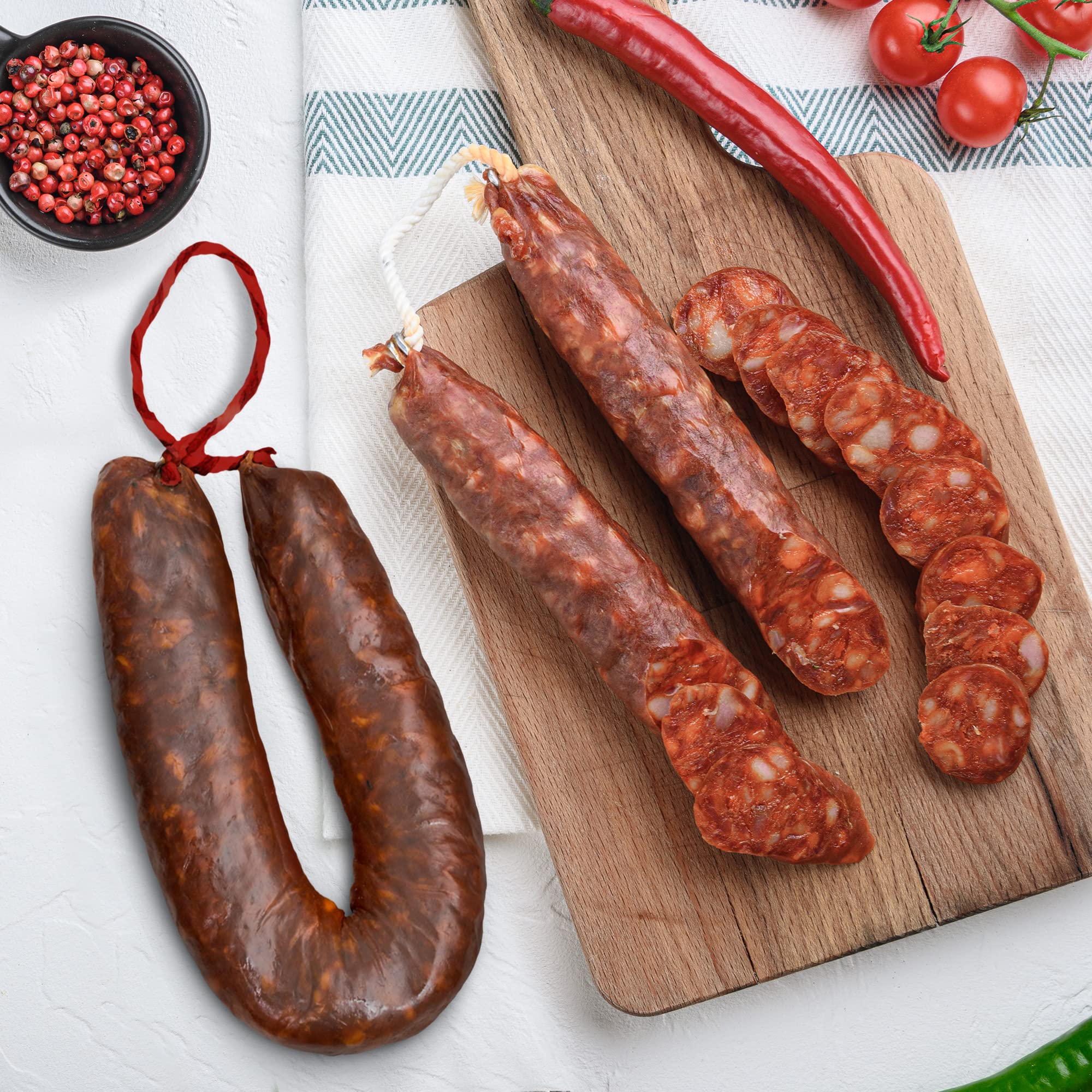 Prosciutto Serrano Spagnolo Stagionato e Disossato Gran Riserva 1 Kg + Lomo (Lonza) Duroc Natural 250 gr + Chorizo Salsiccia 200 gr + Salsiccia Salchichon 200 gr - Jamonprive Premium