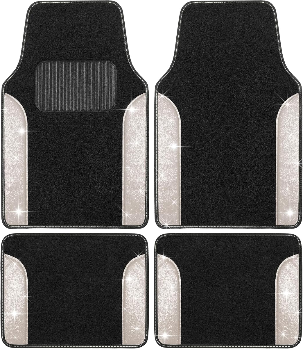 Carbella Glitter Bling Car Mats 4-Piece Set, Two-Tone Shiny Carpet Car Floor Mats, Stain-Resistant Floor Mats for Cars for Women, Universal Car Mat Set, Automotive Floor Mats - White Pearl