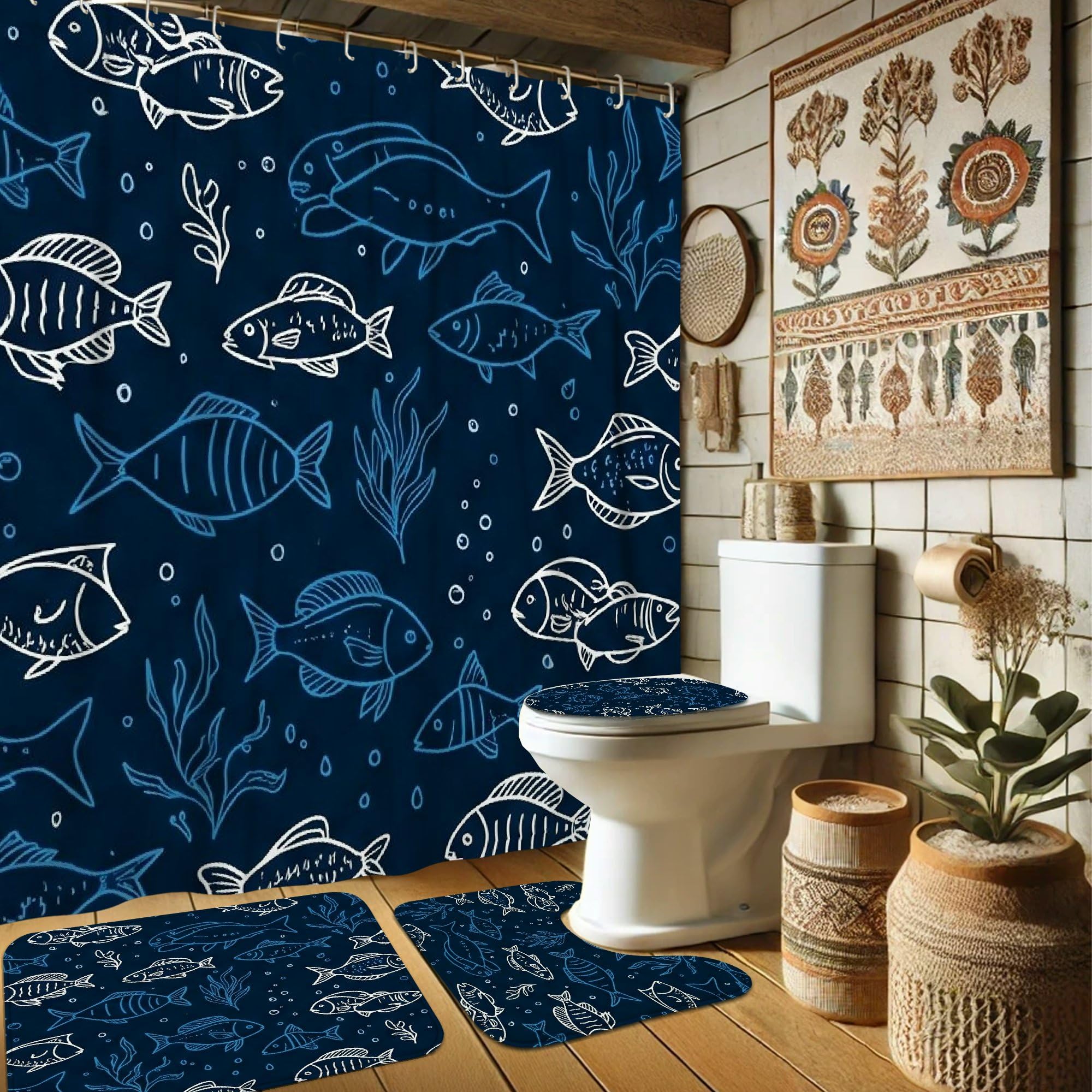 Rideau de douche bleu marine 183x183 cm et tapis de bain assortis