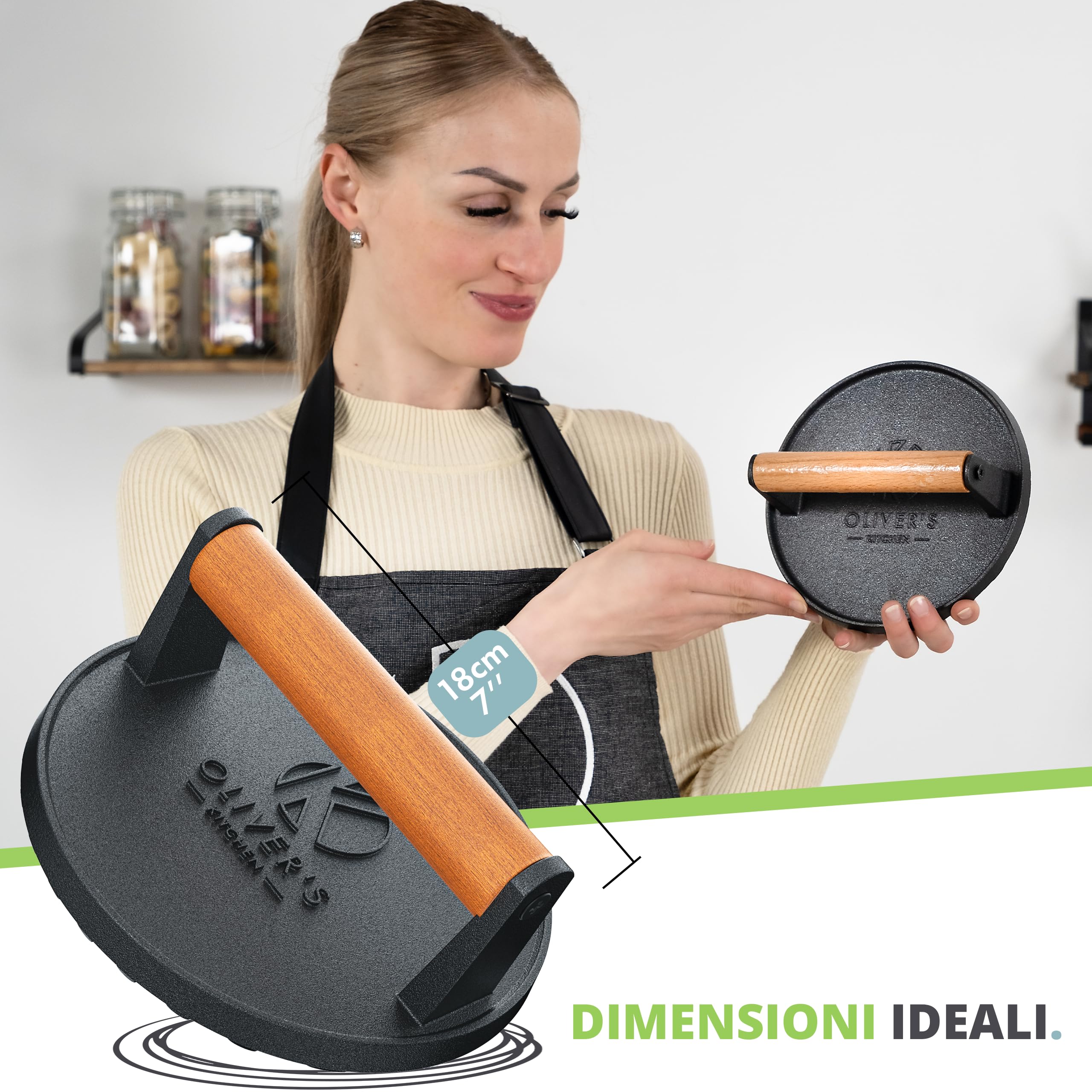 Pressa Hamburger Oliver's Kitchen ® - Pressa in Ghisa per Hamburger Diametro 19 cm – Impugnatura Confortevole – Base Antiaderente – Perfetta per Uso Professionale o Per Amanti del Barbecue