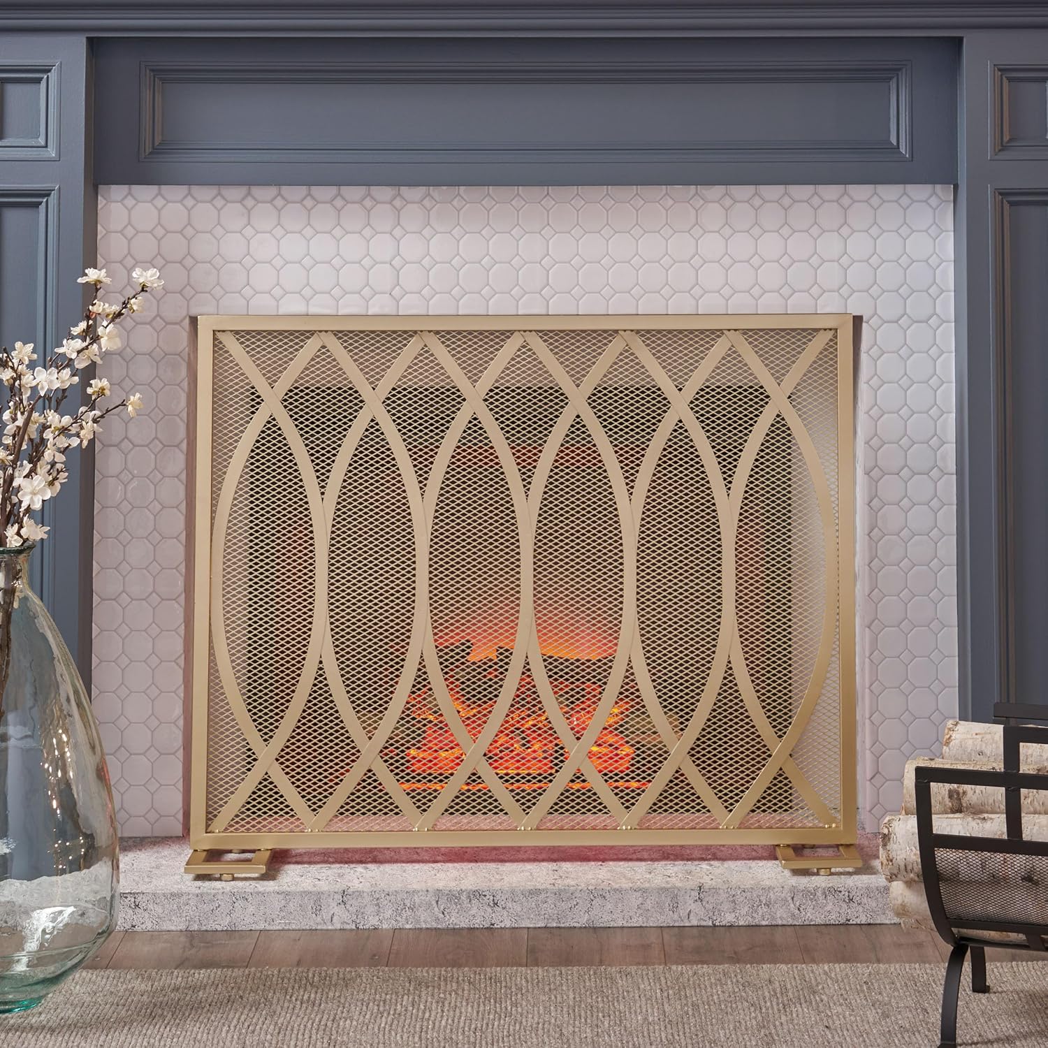 Single Panel Iron Fireplace Screen - Modern, Gold Finish, Overlapping Lens Design, Fine Mesh Spark Guard for for The Living Room Indoor Use, 41" W x 30.75" H