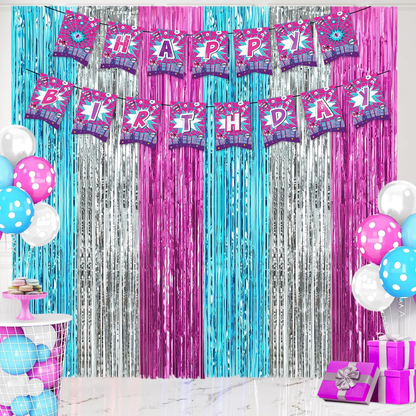 Super Spider Themed Foil Fringe Curtain Set Includes 2pcs 3.3x6.6 ft Hanging Tinsel Curtains Pink Decoration Paper Banners Reusable Photo Booth Props for Boys Girls Superhero Birthday Party Decor