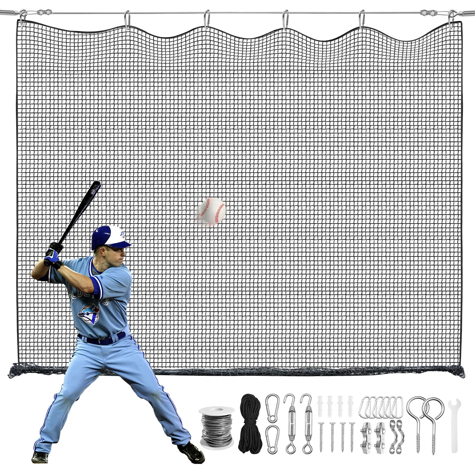 NQB Baseball Net Netting with 33ft Rope & Steel Hanging Kit