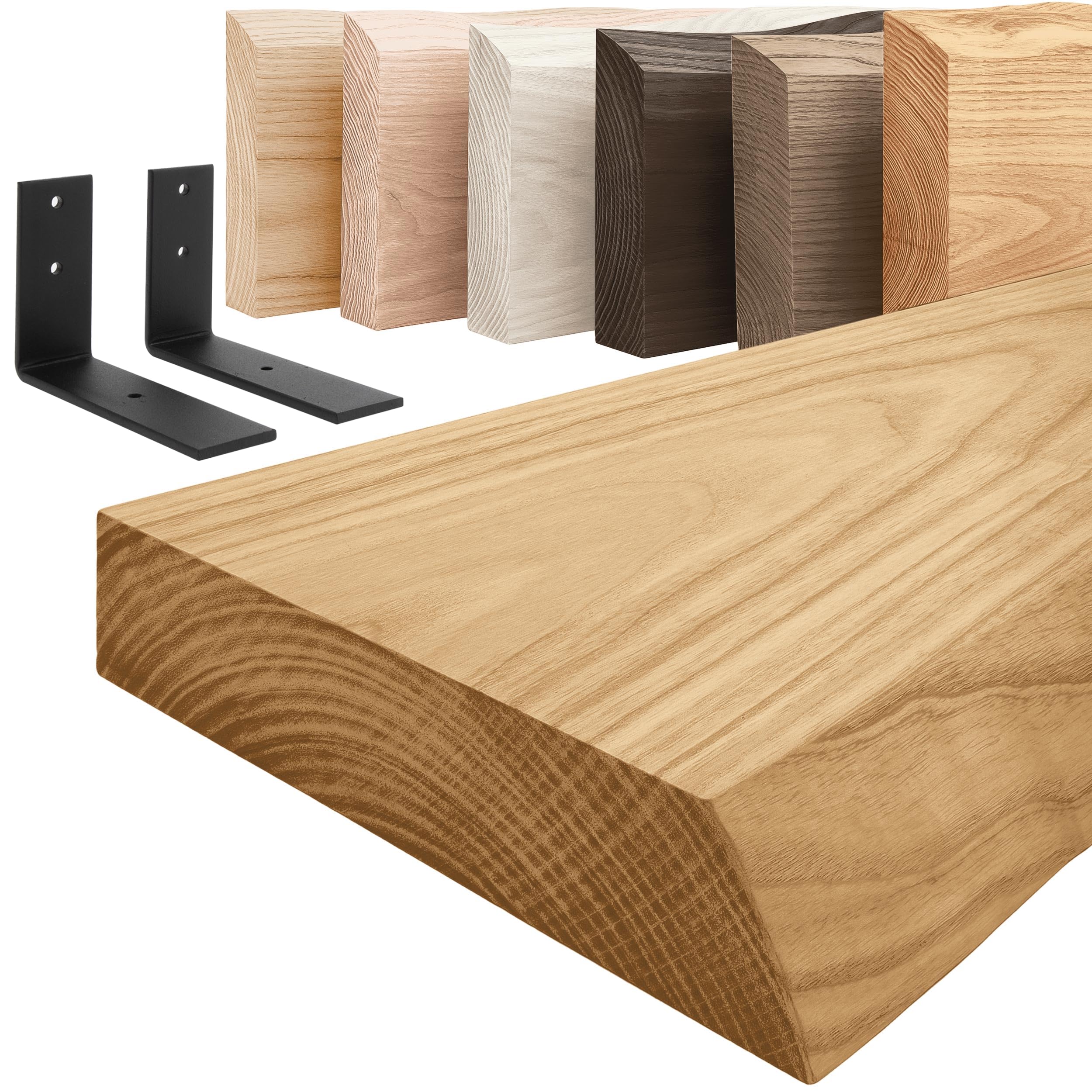 LAMO Manufaktur Holzregal mit schwarzen L-förmigen Halterungen | Wand Regal 70 cm breit für Wohnzimmer, Küche, Büro im Industrial-Stil | Farbe: Rustikal, Kante: natürlich | Massivholz