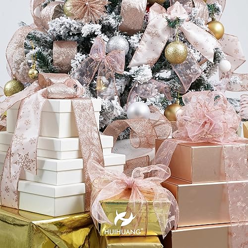 Miniatura 3 de HUIHUANG Cinta de Navidad con alambre de 2.5 pulgadas, cinta de oro rosa para árbol de Navidad, cintas rosadas para envolver regalos, decoraciones