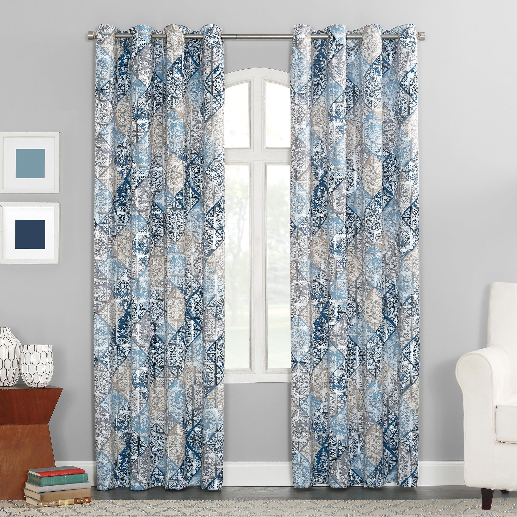 Sun Zero Reardon Global Medallion Print Energy Efficient Grommet Curtain Panel, 54" x 84", Indigo