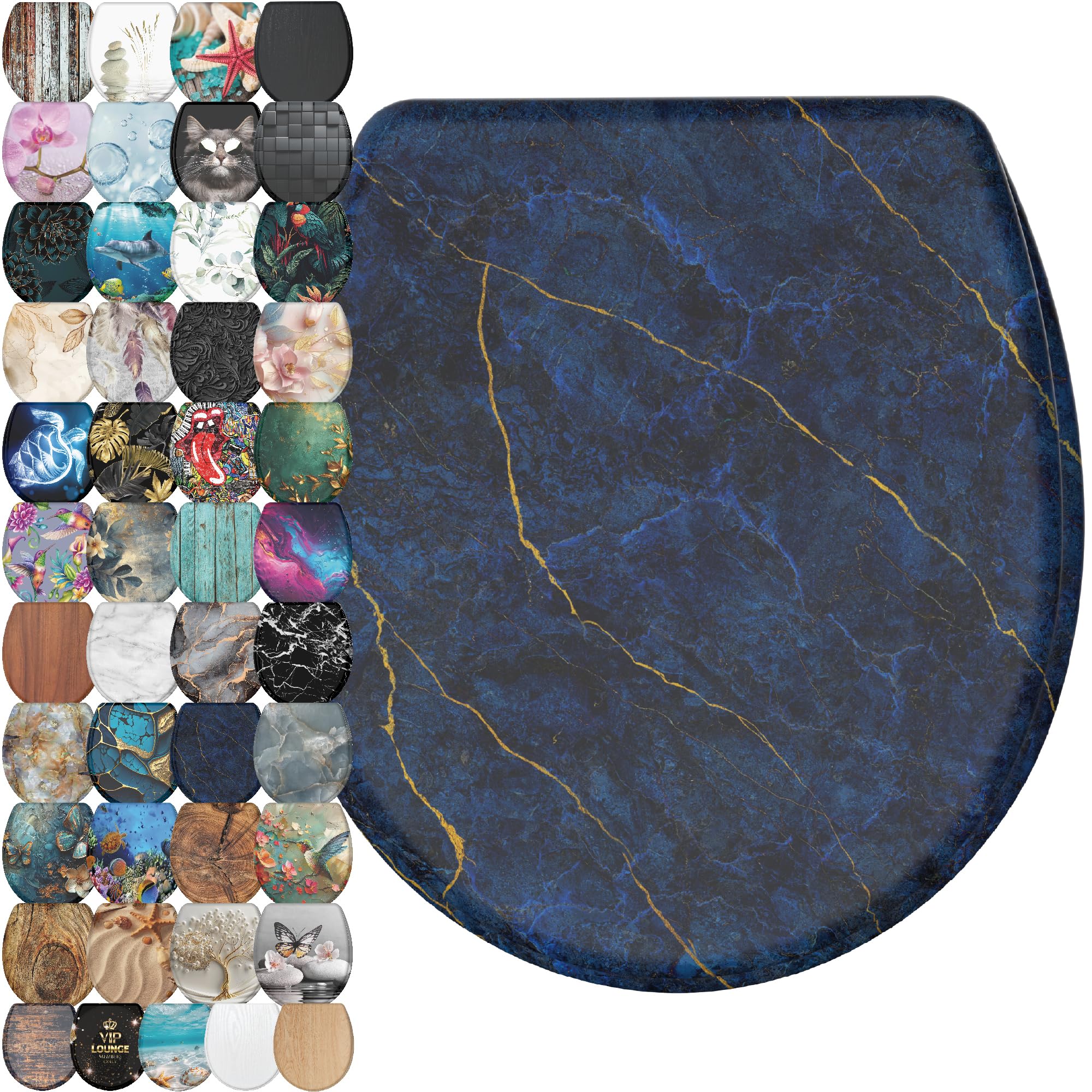 Sanilo Wooden Toilet Seat with Quick Release &amp; Soft Close [ROUND] - Decorative &amp; Slow Close Molded Wood Seat - With One Click for Easy Installation &amp; Cleaning - With Adjustable Fit (Marble Darkblue)
