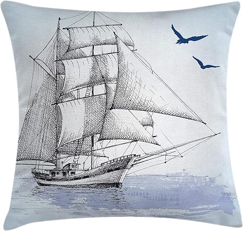 Ambesonne Funda de cojín náutica, diseño de vector, velero en el mar con pájaro, dibujo retro, diseño marino, funda de almohada decorativa cuadrada,