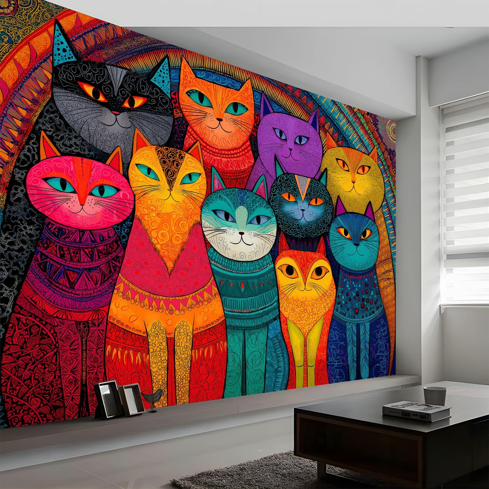 3D Wallpaper Photo Abstract Mandala Animal Cat Wall Mural 250 x 175 cm, Non-Woven Vintage Art Print Wallpaper Bedroom Decoration Wall Covering Poster Picture Design