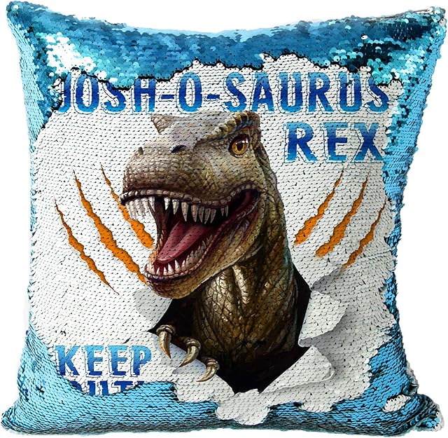 KRAFTYGIFTS Personalised DINOSAUR Magic Reveal Cover Sequin Cushion T REX Case BLUE MC10