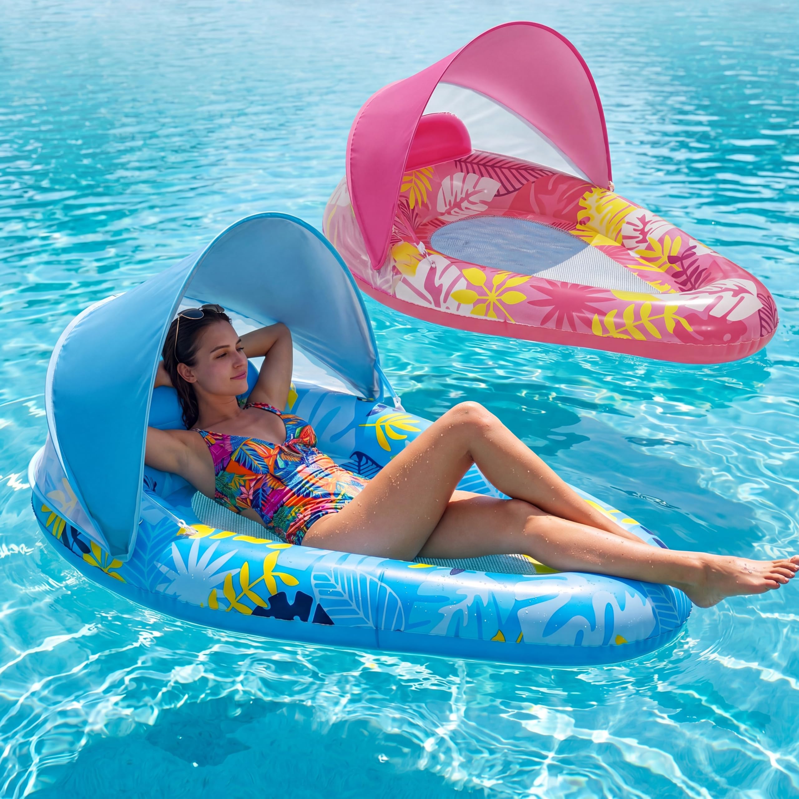 Photo 1 of Novabright 2 Pack Pool Float with Canopy, XL Pool Chair Lounge with Adjustable Sun Shade Cover, Inflatable Float Lounge for Adults Swimming Beach Lake Water (Blue,Pink)