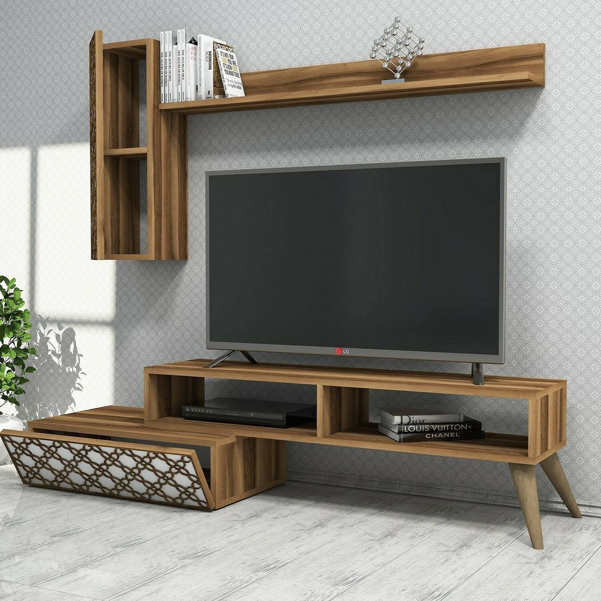 Dmora Mur équipé Sterope, Composition Salon, Meuble Salon Polyvalent, Armoire TV 150 x 37 x 38 cm, Noyer et Blanc