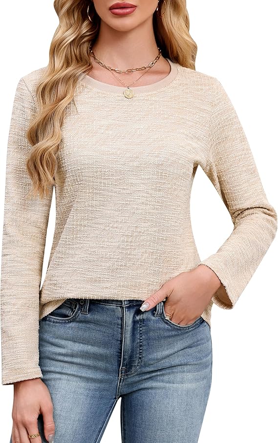 Blooming Jelly Womens Tops Long Sleeve Shirts Striped Tweed T Shirt Dressy Casual Business Crewneck 2025 Fall