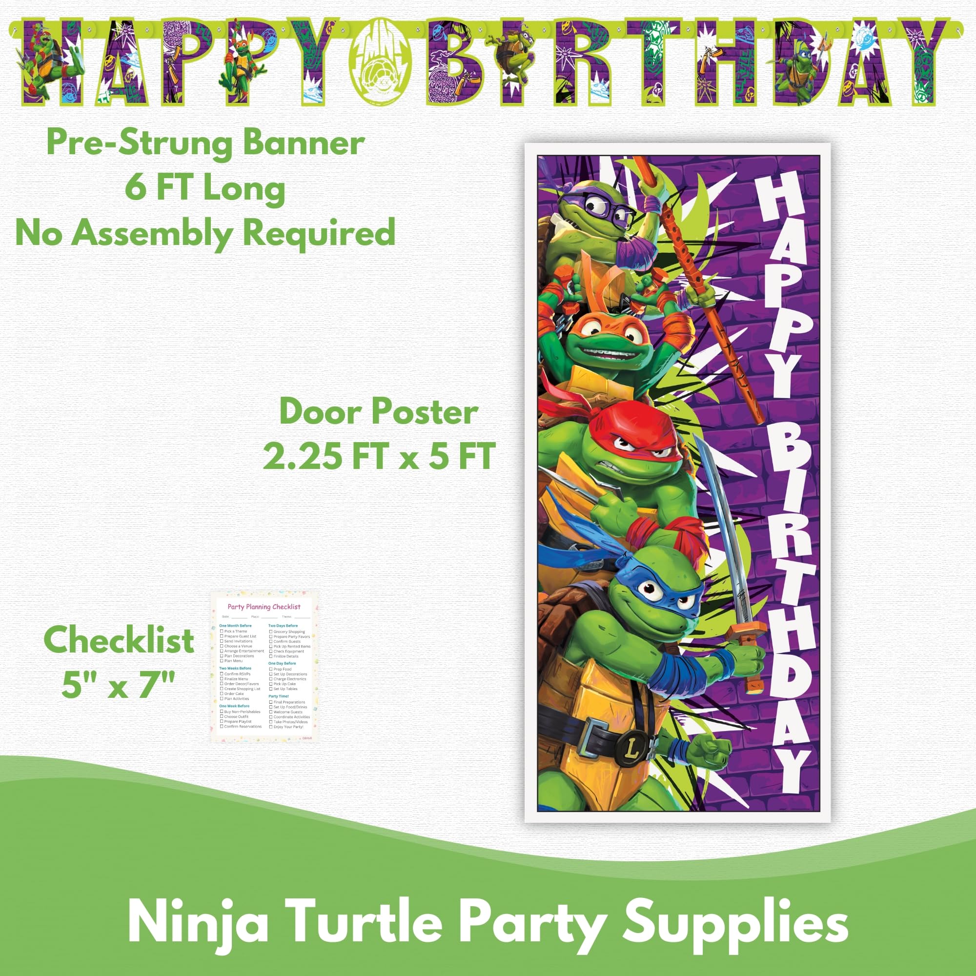 TMNT Mutant Mutant Mayhem Movie - Decorazioni per feste con tartarughe ninja, 16 ospiti, piatti e tovaglioli, tovaglia, striscione, Tartarughe Ninja