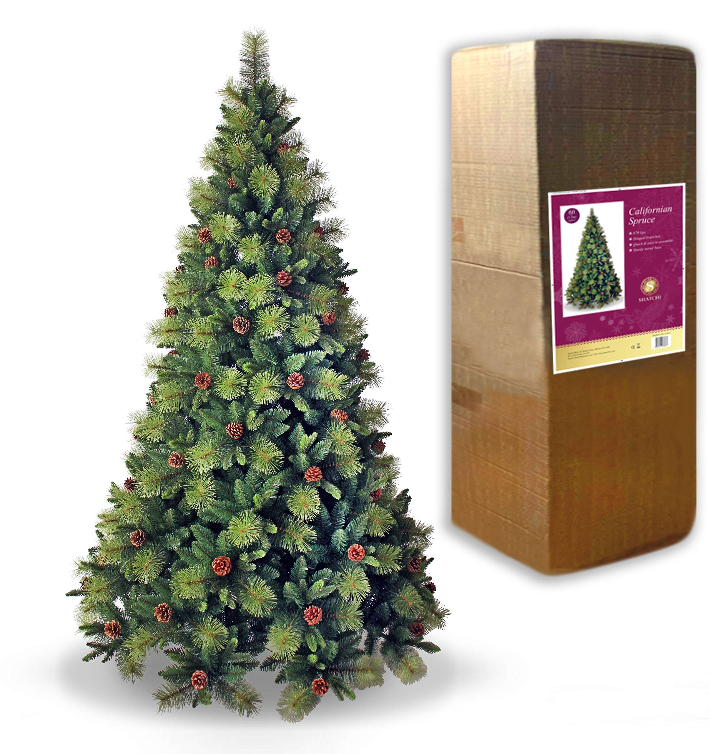 8Ft/2.4m Californian Boulder Pine Bushy Look Luxurious Forest Green Artificial Christmas Tree Pine Cones Hinged Branches Xmas Home Showroom Centerpiece Decorations