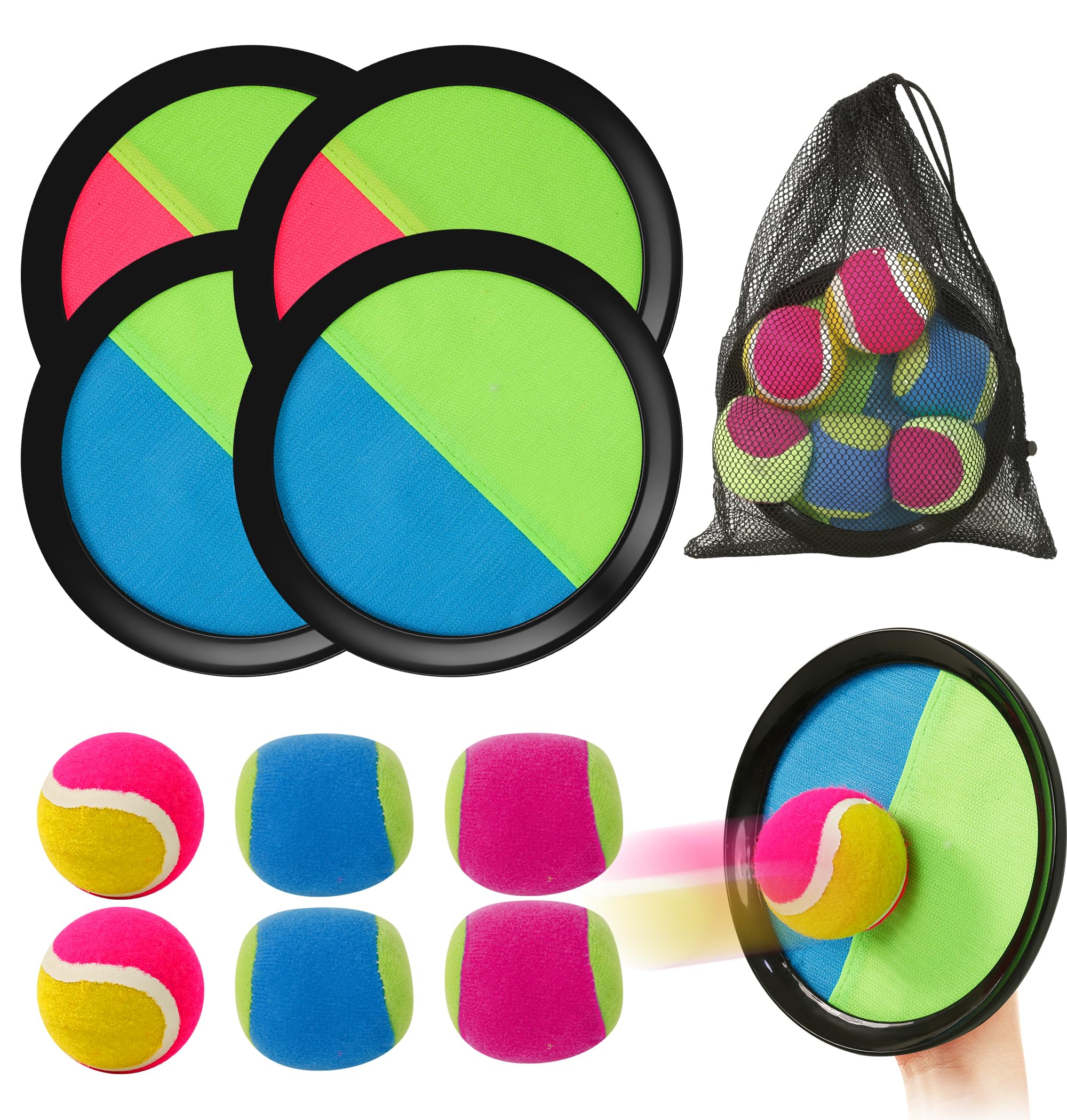 Toss and Catch Ball Set, Garden Beach Toy Gmae with 4 Sticky Paddles, 6 Balls, Storage Bag, Ball and Catch Game Outdoor Family Toy for Lawn, Park Games, Develops Hand-eye Coordination for Kids Adults