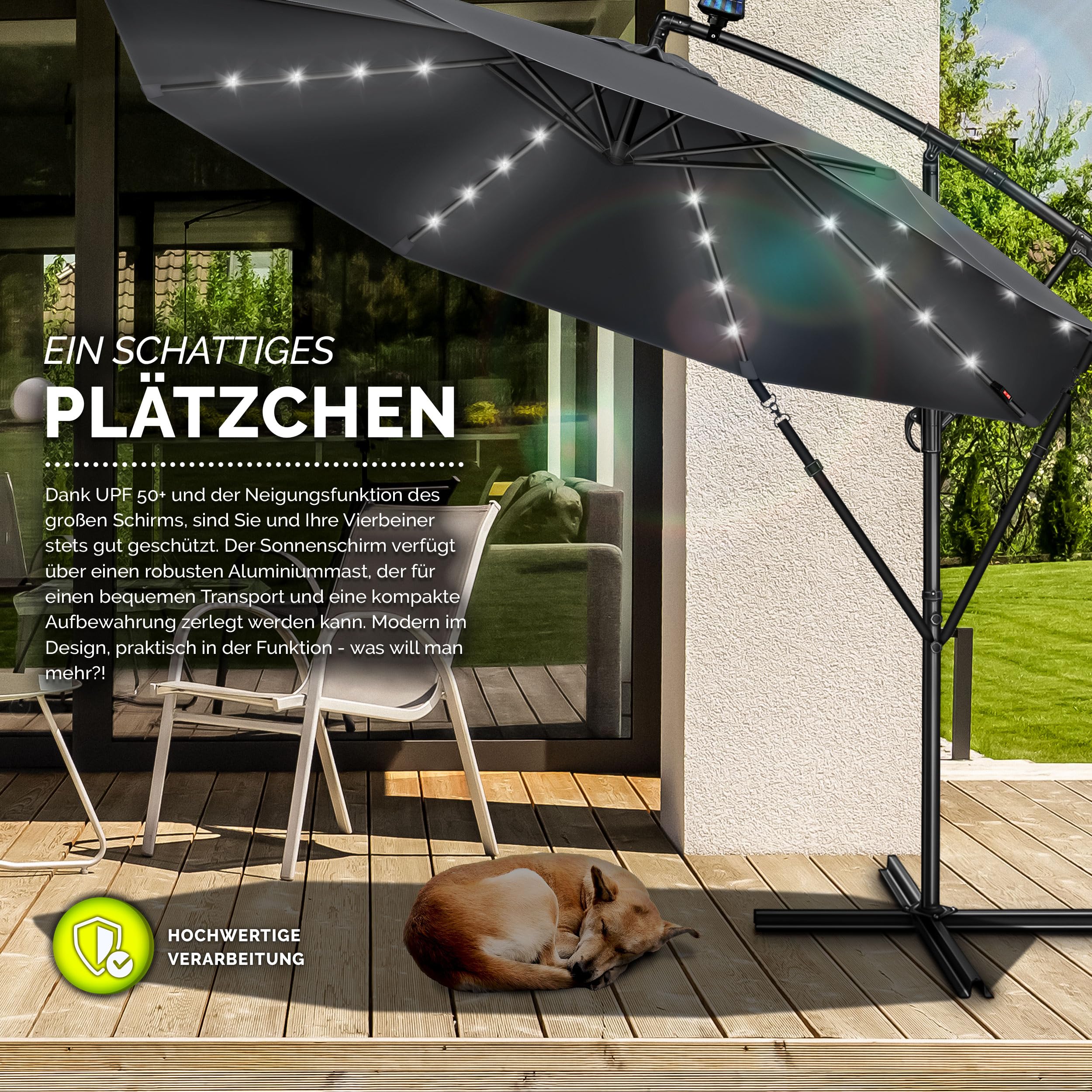 tillvex Alu Ampelschirm + Abdeckung LED Solar Ø 300 cm mit Kurbel, Abdeckung + Ständer | Sonnenschirm mit Windschutz | Gartenschirm UV-Schutz Aluminium | Kurbelschirm Marktschirm wasserdicht