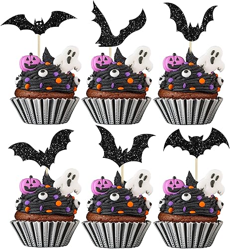 24 decoraciones de murciélago de Halloween para cupcakes con purpurina negra, decoración de palillos de Halloween para temática de Halloween, baby