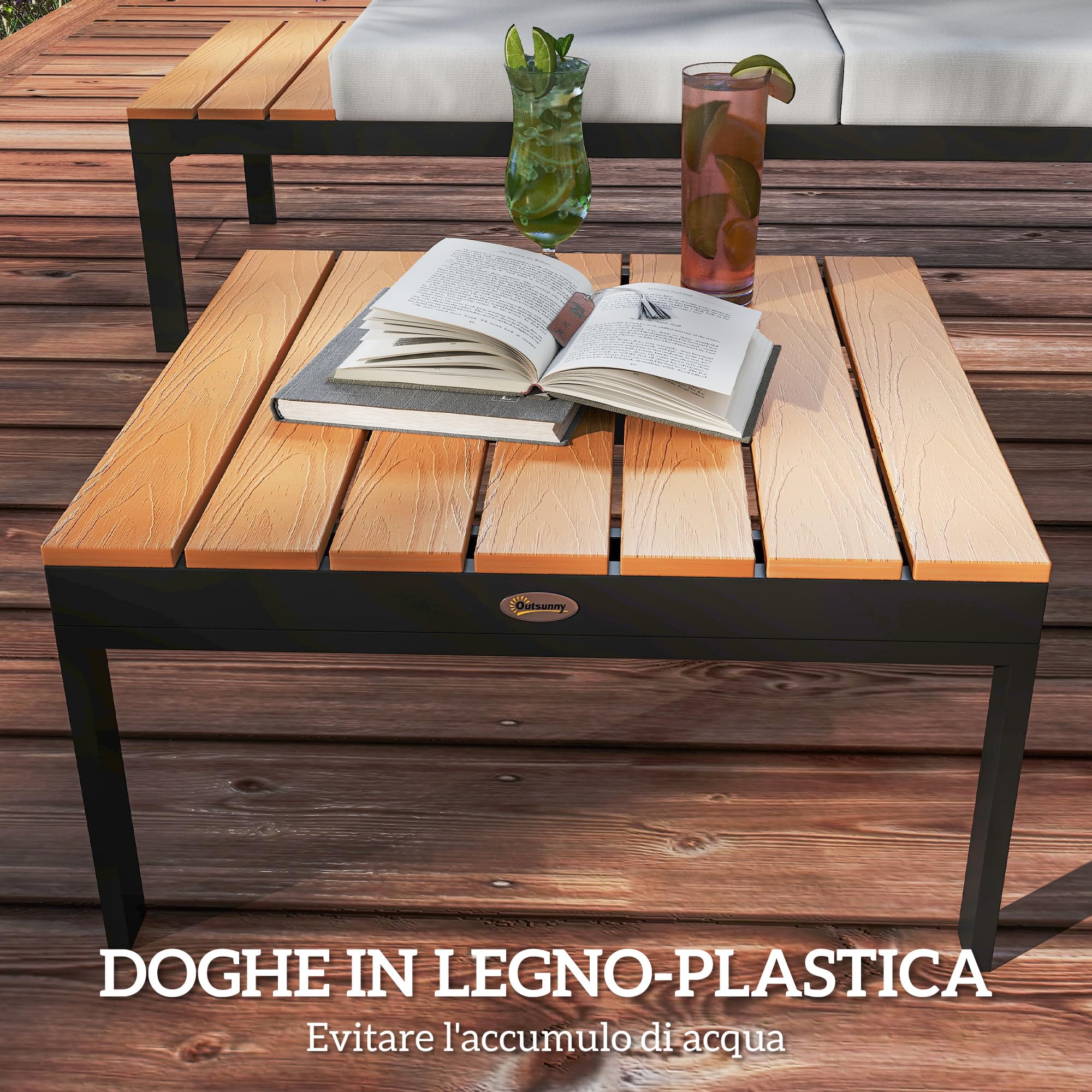 Outsunny Set Salotto da Giardino 4 Pezzi, 2 Divanetto 2 Posti, 2 Tavolini Caffè Quadrati, Legno e Cuscini Sfoderabili, Metallo e Legno Composito, Teak