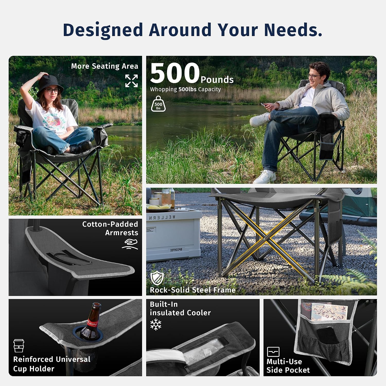 East Oak Camping Folding Chair, Heavy Duty Support 500 LBS Camping Chairs for Adults, 600D Oxford Lawn Chairs with Side Pocket and Cup Holder, Outdoor Chairs for Sports Beach Fishing, Blue