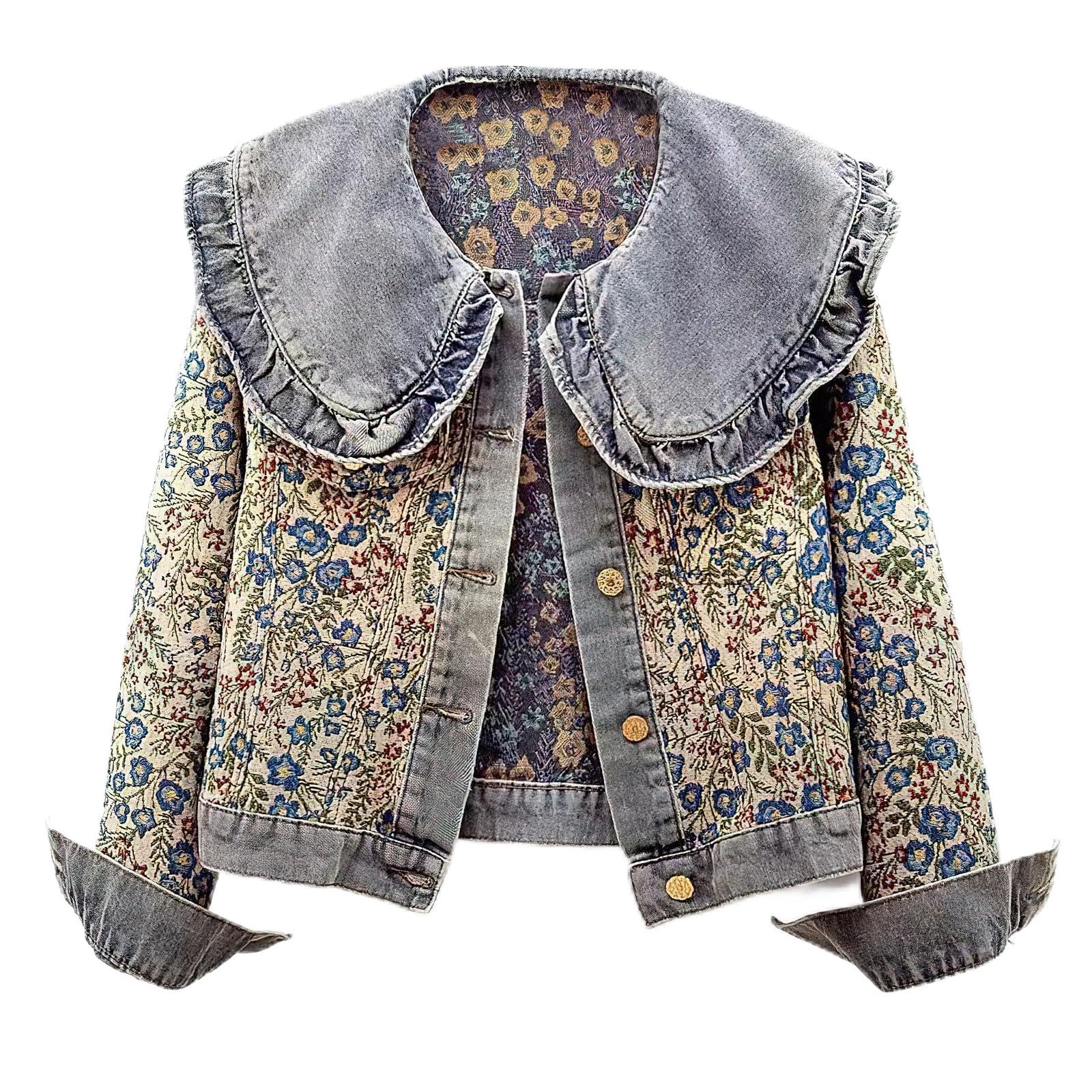 ebossy Womens Floral Denim Jacket 2025 Cute Y2k Doll Collar Button Up Crop Jean Blazer Coat with Pockets