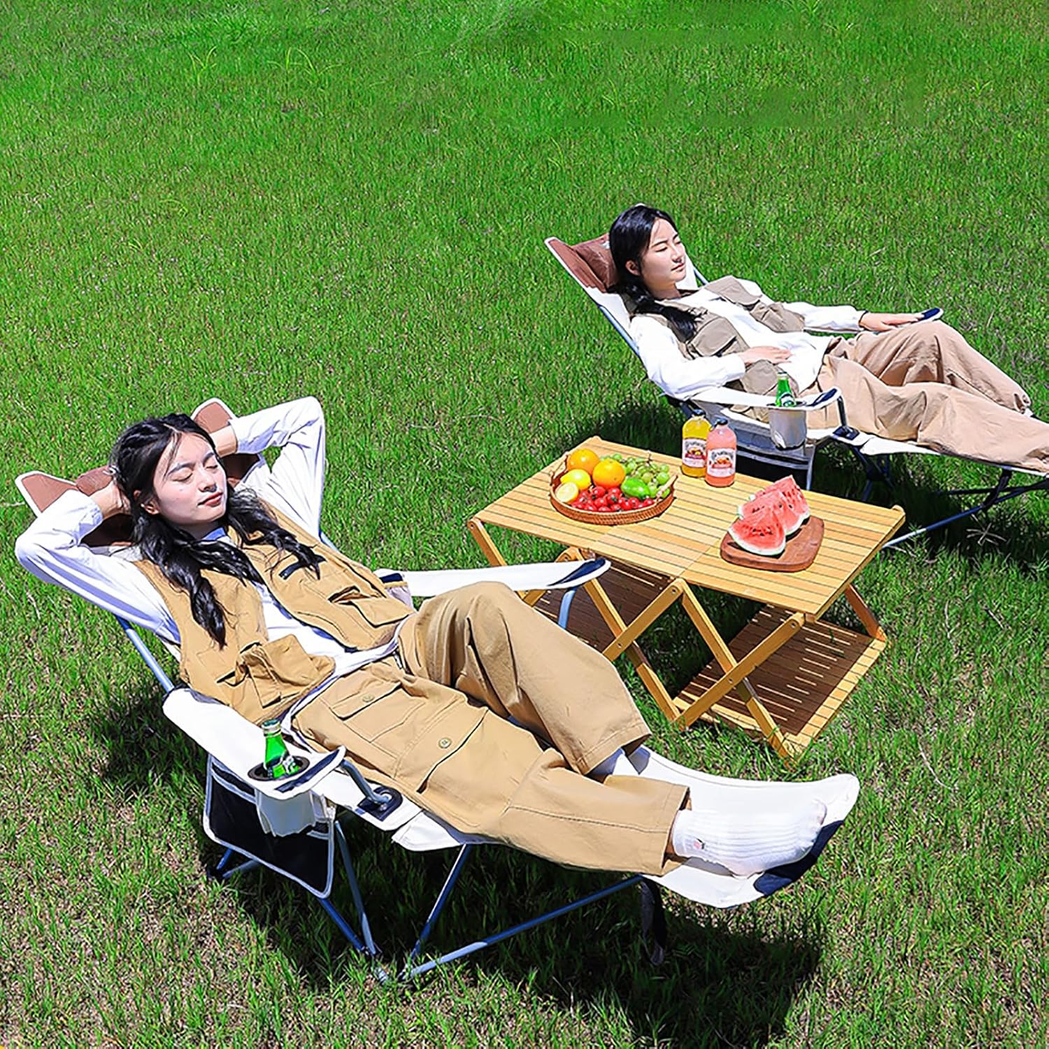 Folding Outdoor Recliner Patio Lounge Chair Folding Lawn Lounge Chairs Folding Camping Chairs with Cup Holder for Patio Yard Pool Beach Garden Folding Reclining Lounge Chair. (Color : Khaki)