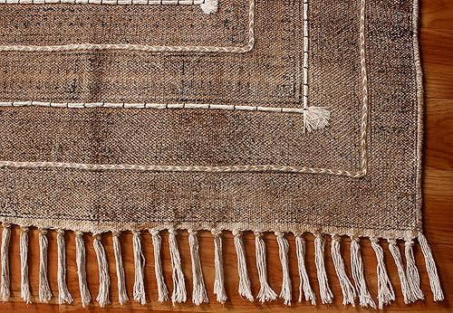 Miniatura 9 de Alfombra rectangular de 3 x 5 pies, color gris y negro, con borde Dhurrie, de algodón, para interiores y exteriores, alfombra de tejido plano para