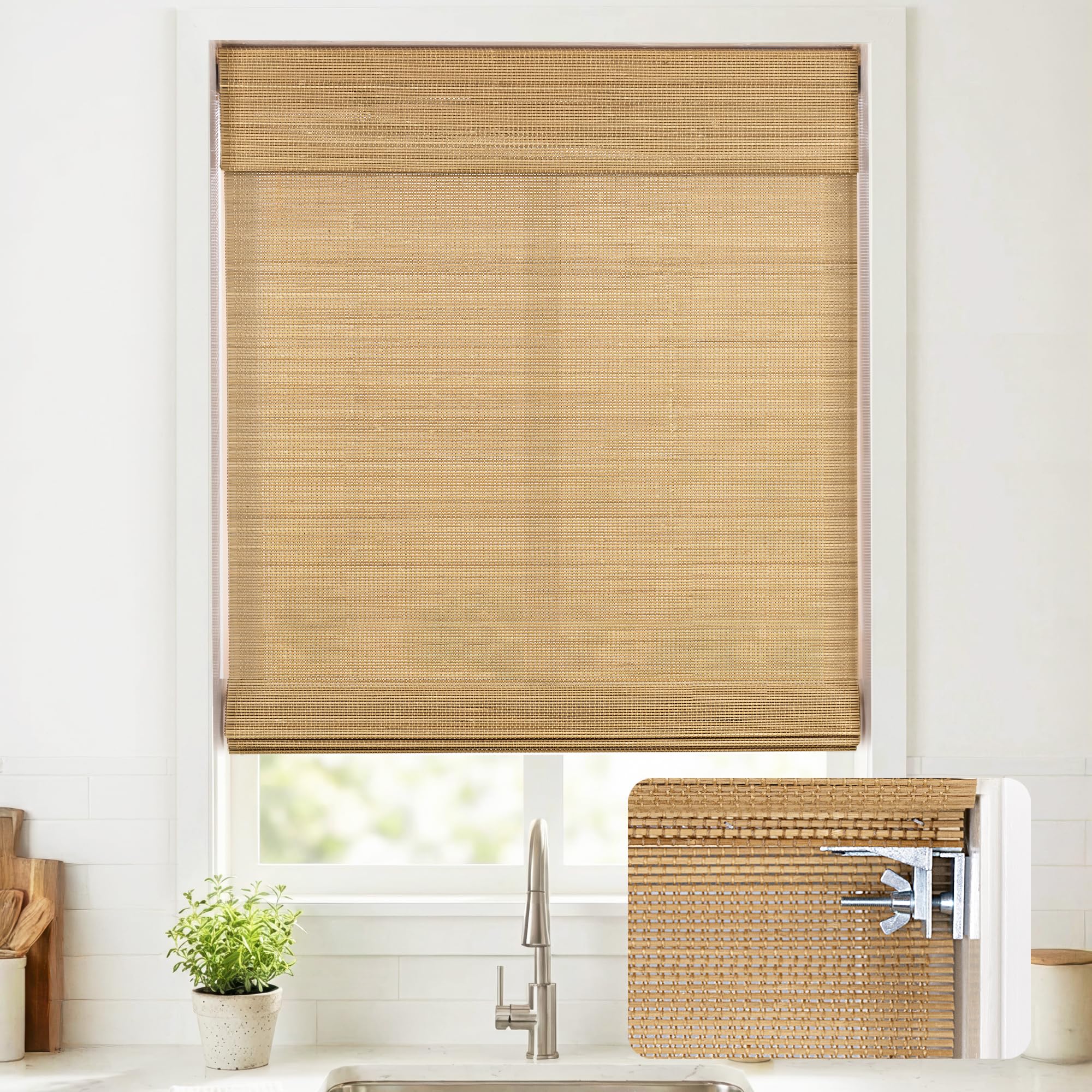 (x2))NO Drill Cordless Bamboo Roman Shades, Windows Size 26.5" W × 64" H - Carbonized