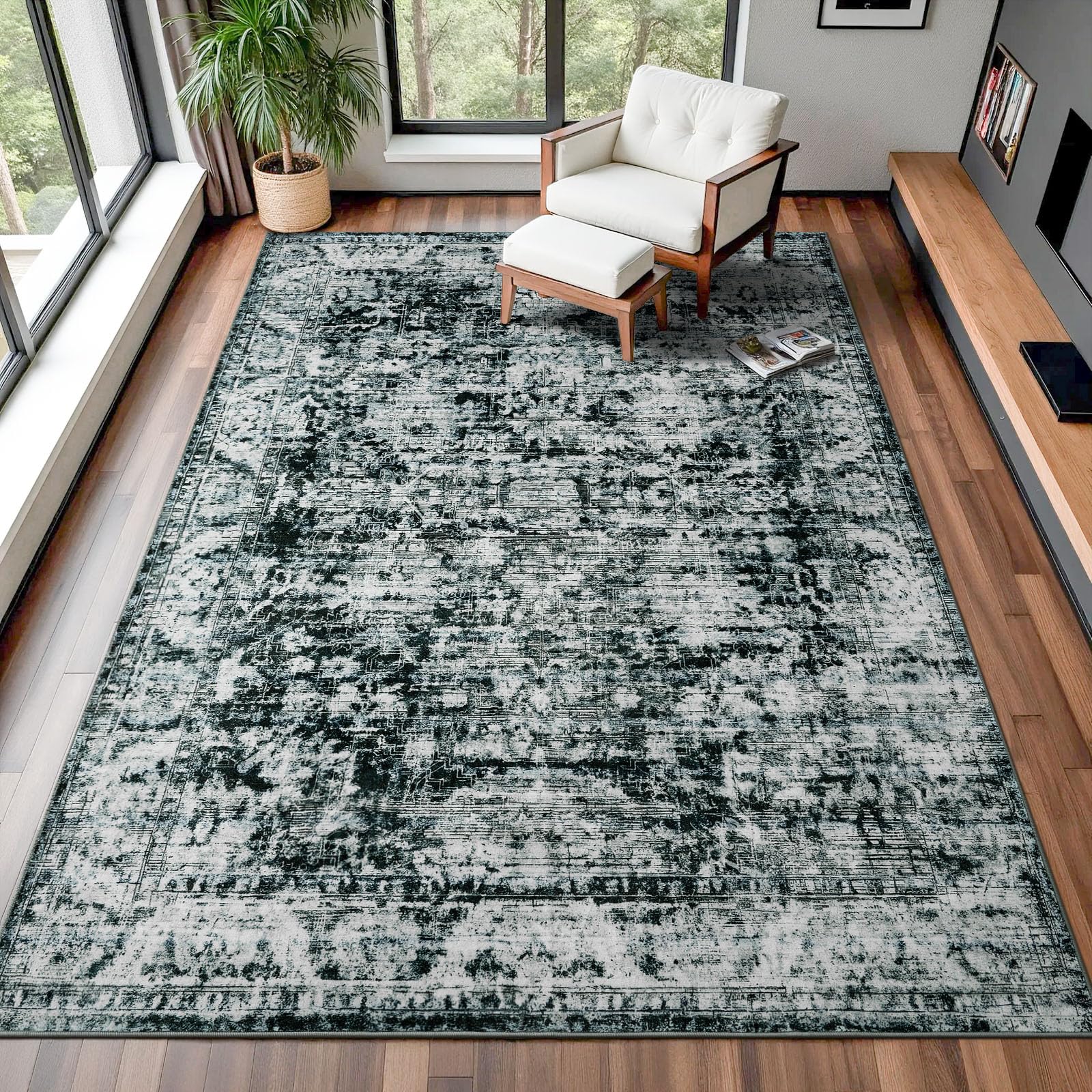 QXKAKA 6x9 Rugs for Living Room, Vintage Washable Area Rug, Ultra Soft Abstract Non Slip Carpet Printed Low Pile Foldable Accent Rugs for Bedroom,