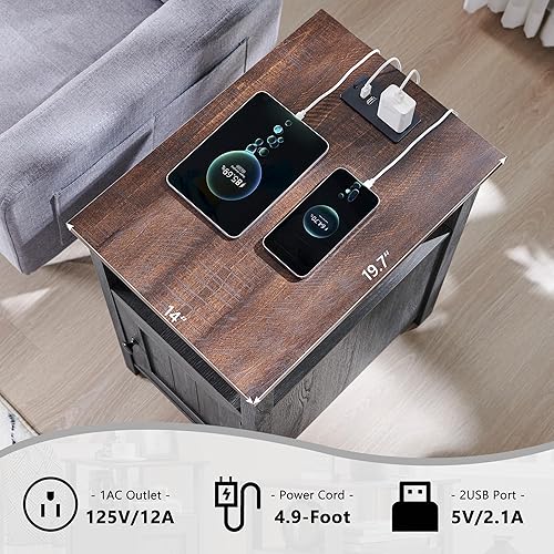 Miniatura 4 de Juego de 2 mesitas de noche de granja, mesita de noche estrecha con estación de carga, juego de 2 mesitas de noche con almacenamiento y estante