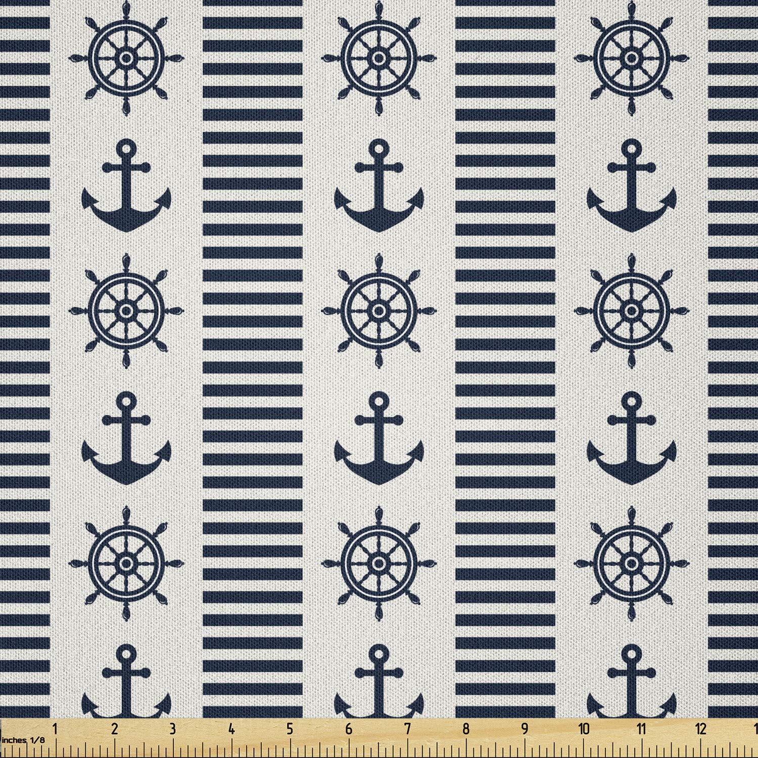 Lunarable Nautical Fabric by The Yard, Abstract Lines with Anchors and Helms Navigation on The Sea Sailing, Microfiber Fabric for Arts and Crafts Textiles Decor, 2 Yards, Dark Violet Blue White