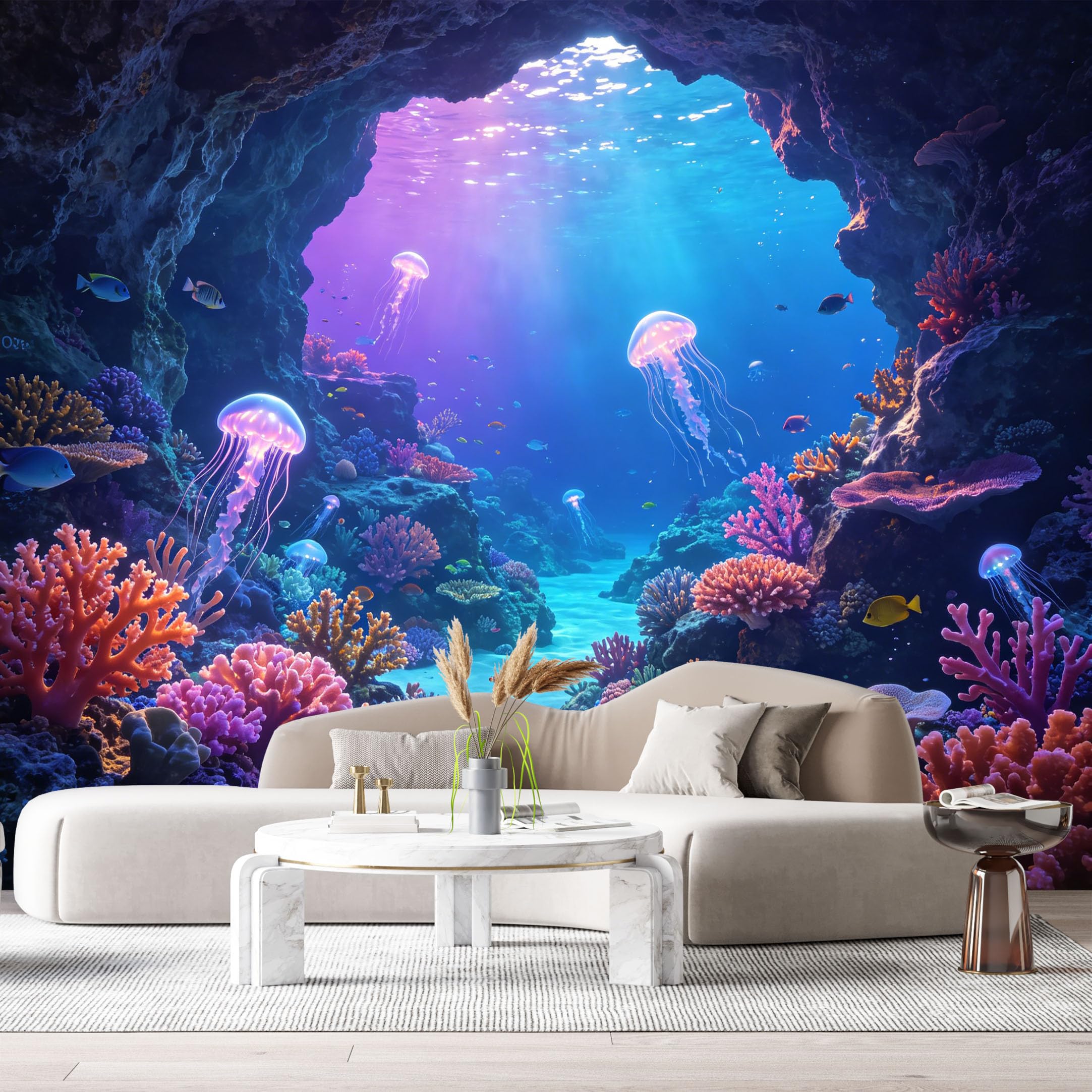 Custom Size Wall Murals Underwater Ocean Marine 3D Bioluminescent Jellyfish Vibrant Coral Reef SelfAdhesiveWall Fabric Removable Wallpaper Wall Decor for Living Room Bedroom Bathroom