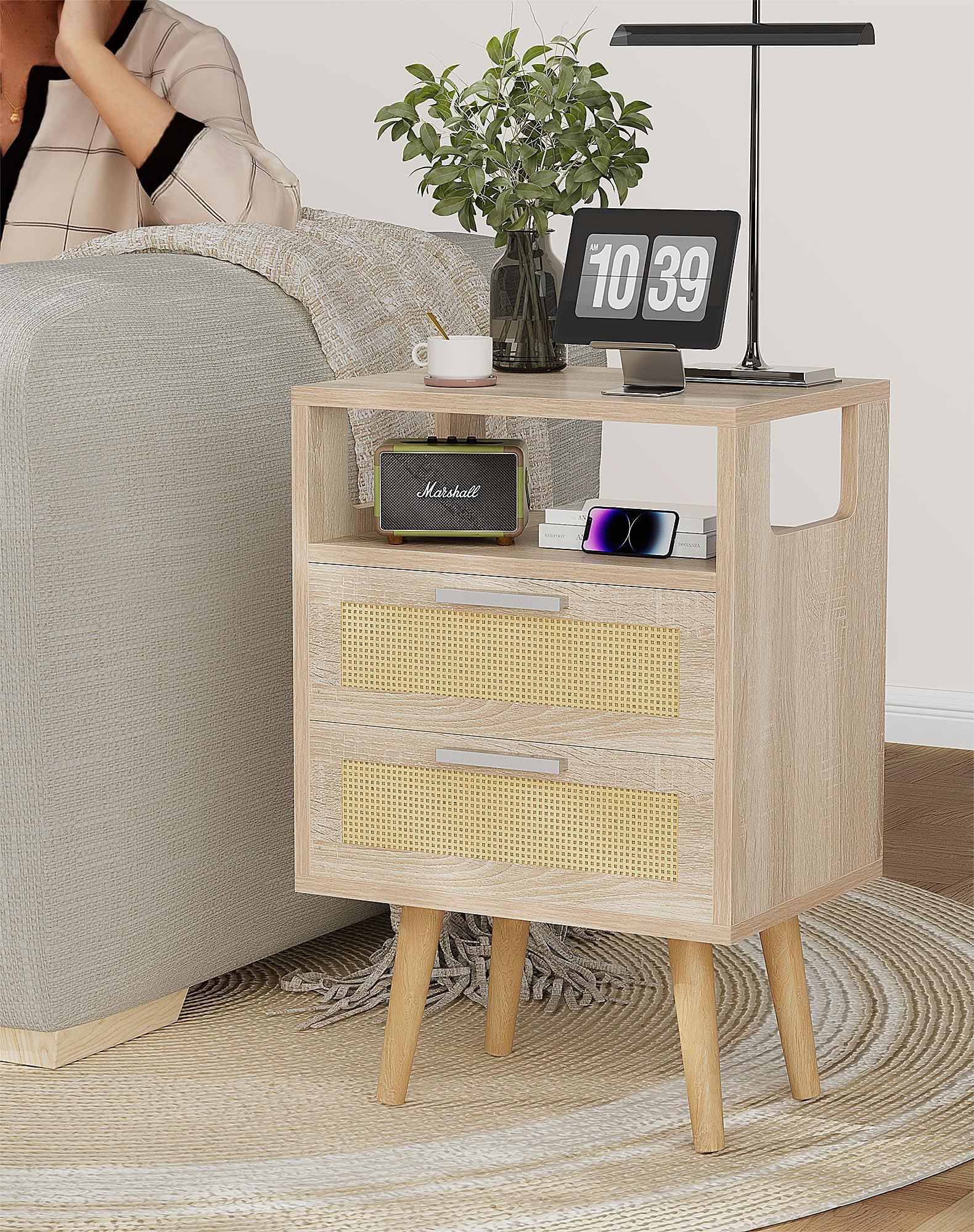 YMYNY Mesita de Noche de Ratán, Mesa Auxiliar, Mesa de café, Mesilla de Noche con 2 Cajónes, Comoda Boho, Piernas de Madera Maciza, 39x29x59 cm, para Dormitorio, Oficina, Salón, Natural HST015N
