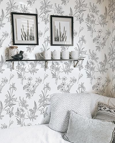 Miniatura 5 de Papel tapiz floral en blanco y negro, papel de contacto floral para gabinetes, autoadhesivo, extraíble, para dormitorio, decoración moderna de pared