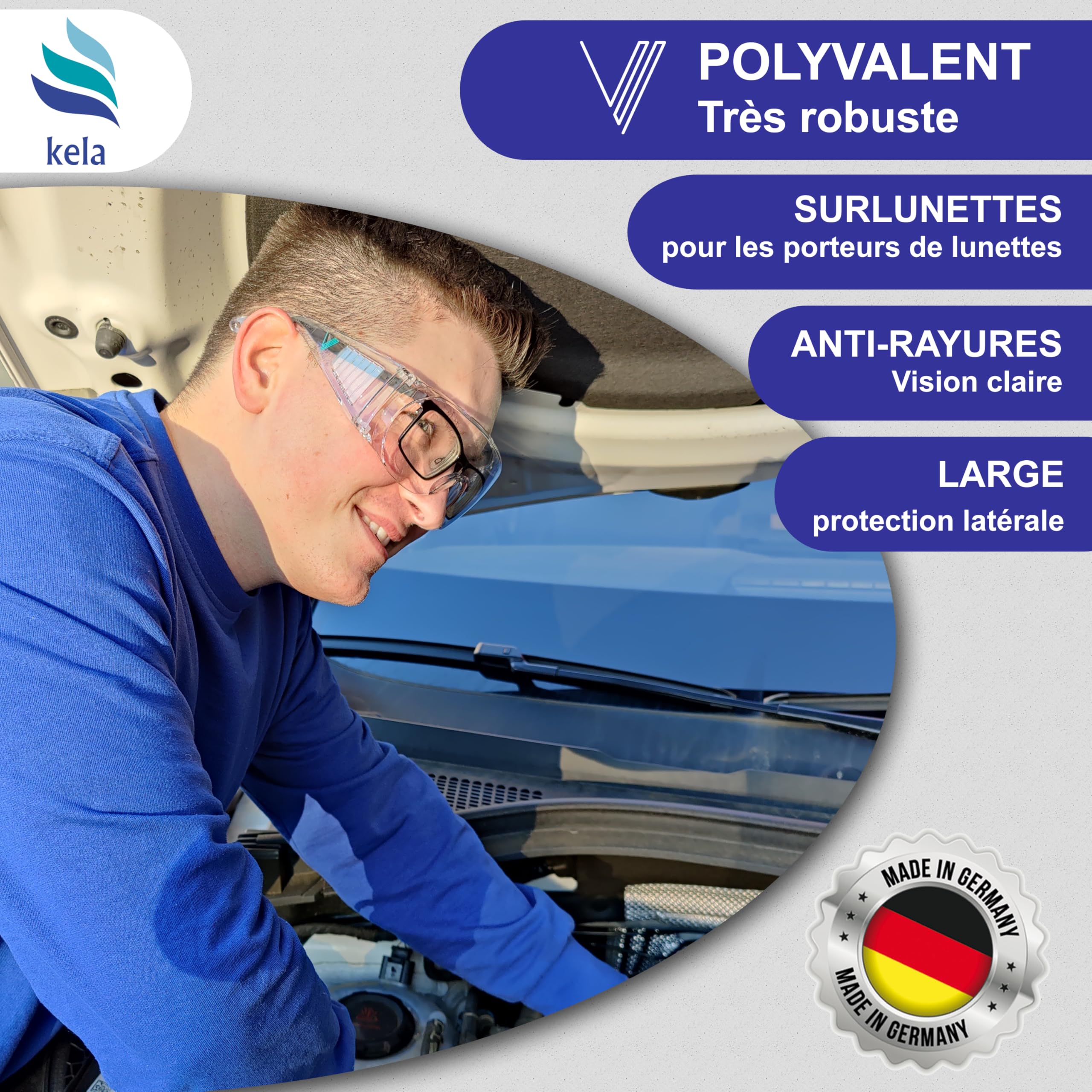 kela 12x Lunettes de protection P1S1 I Fabriqué en Allemagne | Lunettes de sécurité sans éclats avec revêtement anti-buée I légères et transparentes I Surlunettes pour porteurs de lunettes