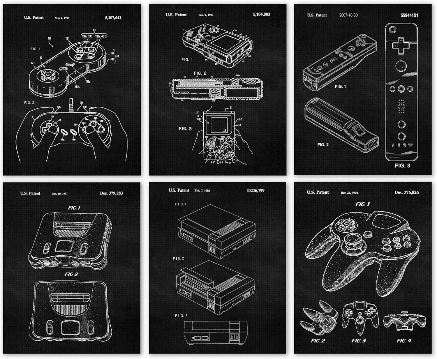 Classic Video Game Console Controller Patent Prints, 6 (8x10) Unframed Photos, Wall Art Decor for Home Work Office Studio Tech Lounge Robotics Gears Online Battle Royales Gaming Shop School Student Teacher