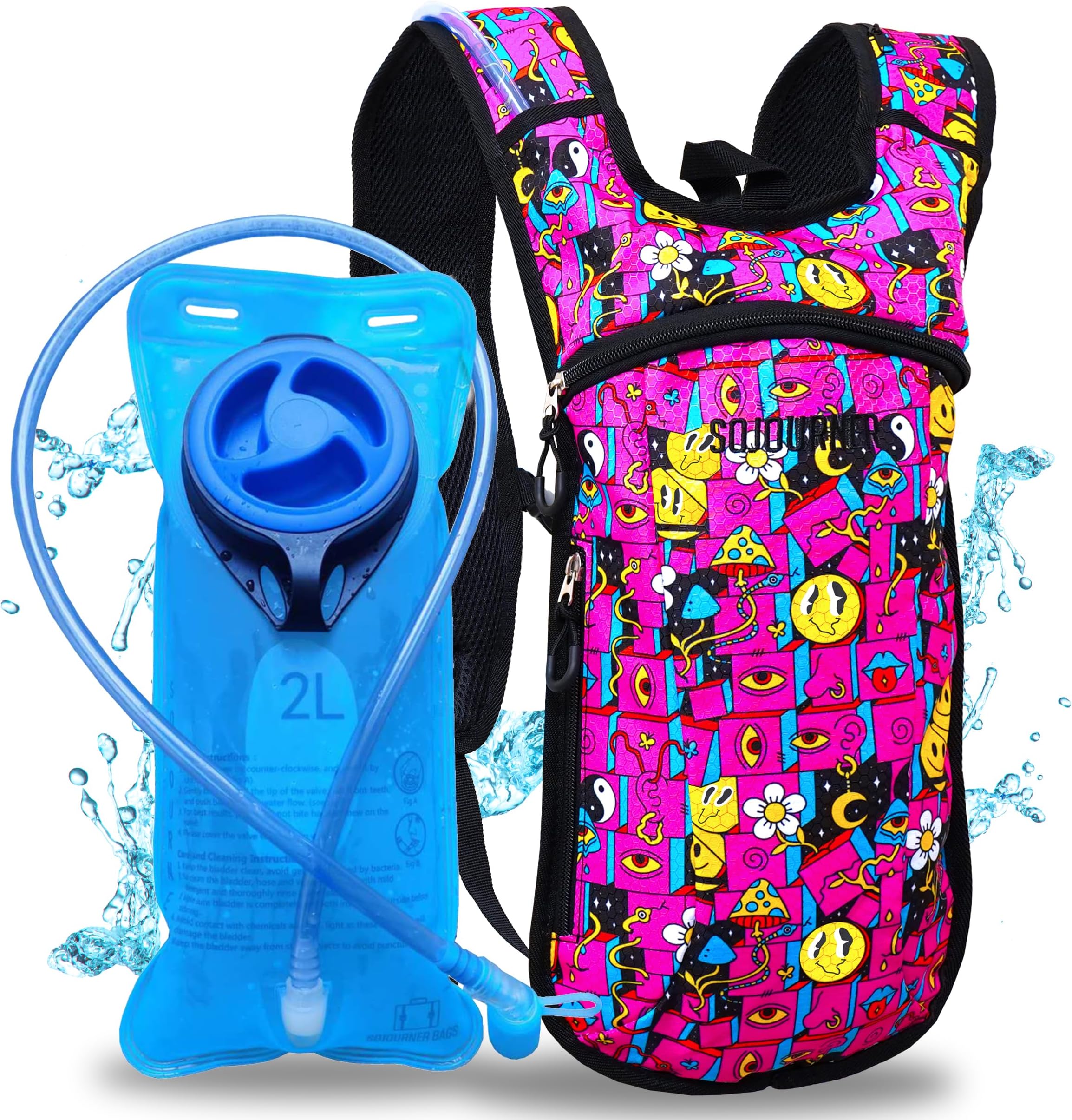 SoJourner Bags Rave Hydration Pack Backpack - 2L Water Bladder Included For Festivals, Raves, Hiking, Biking, Climbing, Running And More