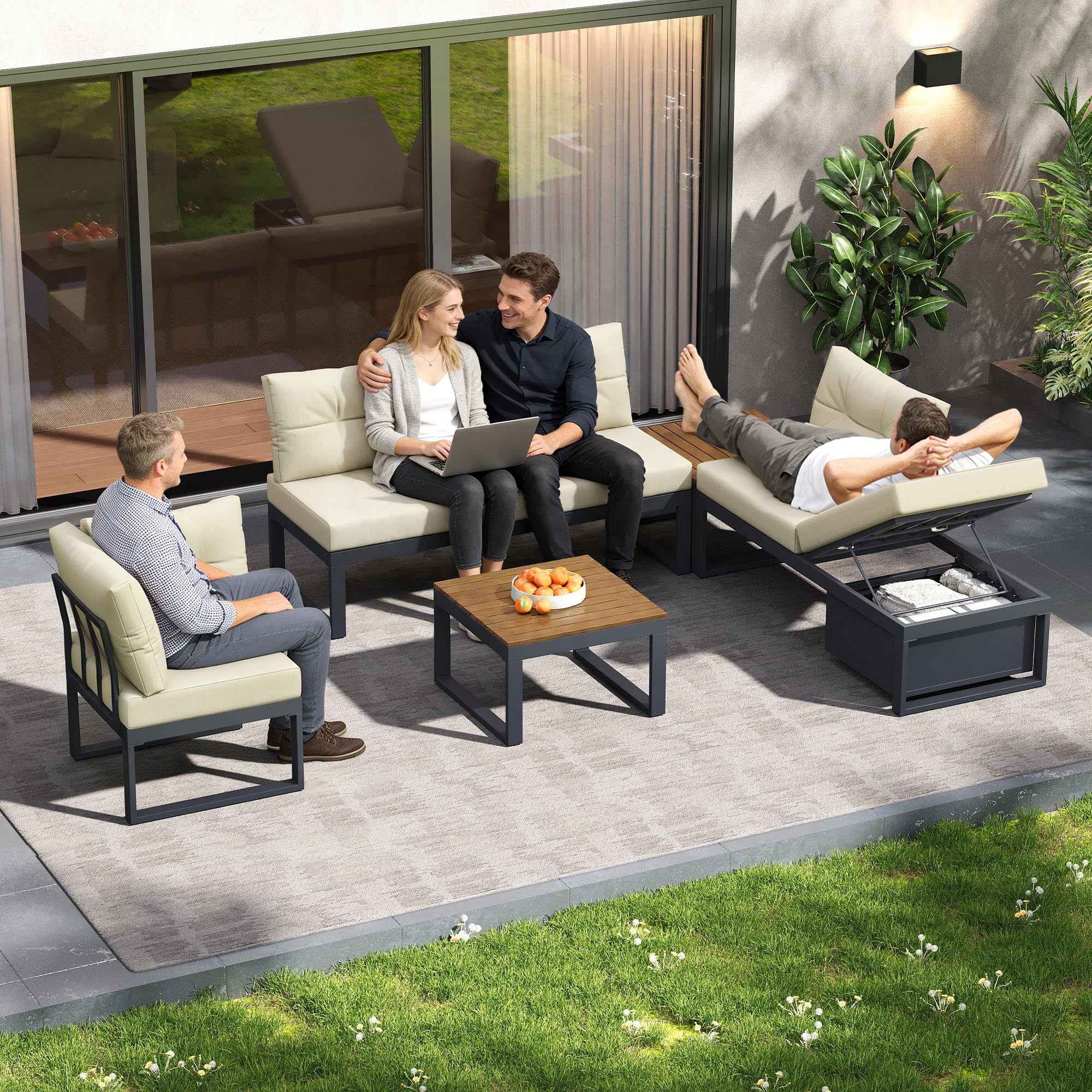 Ensemble de Meubles de Jardin Modulable avec Dossier Réglable 3 Positions, Fonction Relax, Rangement Intégré, Housse Polyester Résistant aux Intempéries - pour Terrasse, Balcon et Jardin