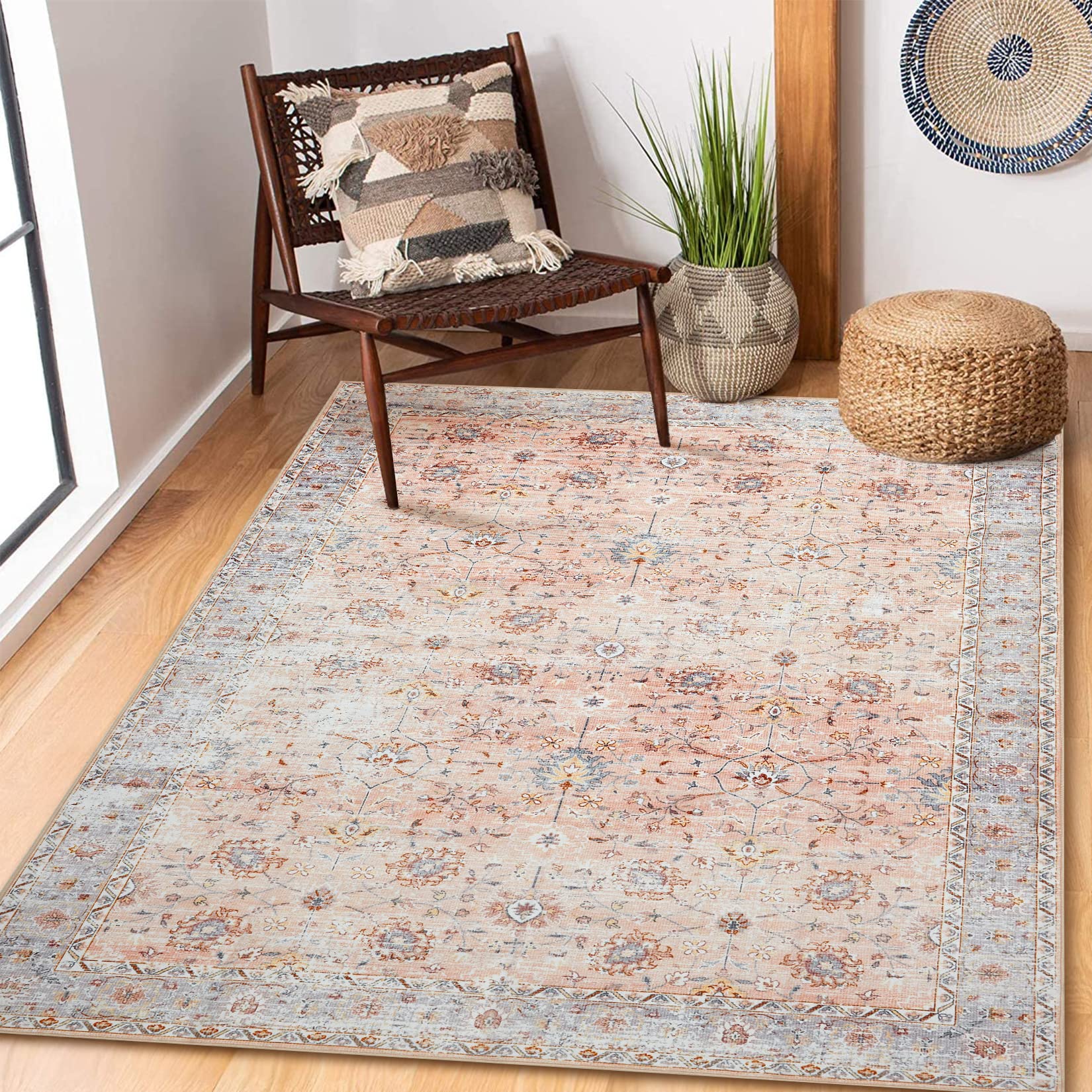 RUGSREAL Area Rug Vintage Medallion Rug Traditional Area Rug Retro Floor Cover Foldable Distressed Floral Print Accent Rug Indoor Mat for Bedroom Living Room Dining Room, Blush Muti, 4' x 6'