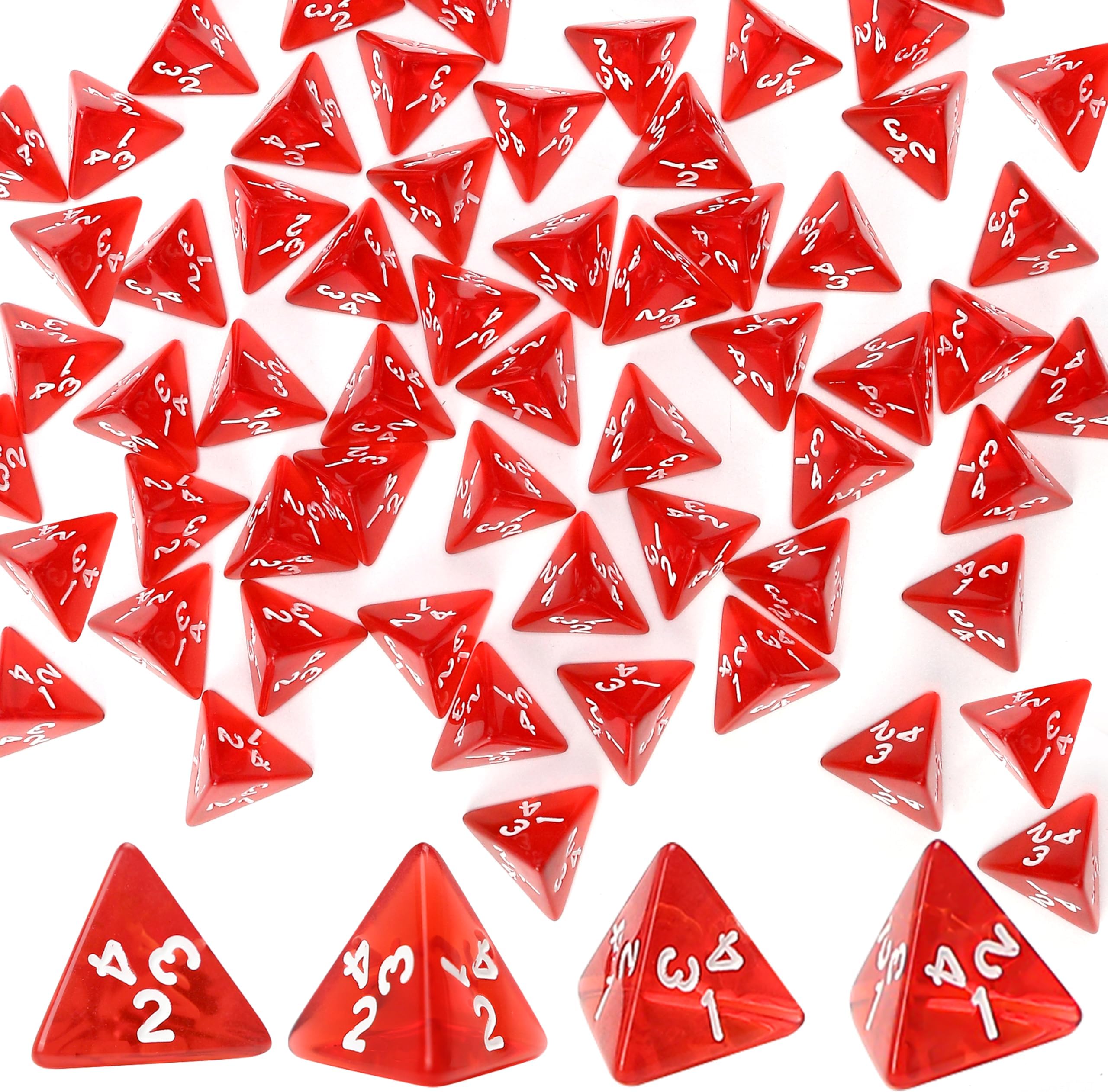 60PCS Red Four Sided D4 Dice for D&D TRPG Cup Games, Multi Gem Polyhedral Triangular Mini Acrylic Dice Set Suitable for Board Table RPG Gaming Theme Parties Gatherings Bar Gift for Friends Family