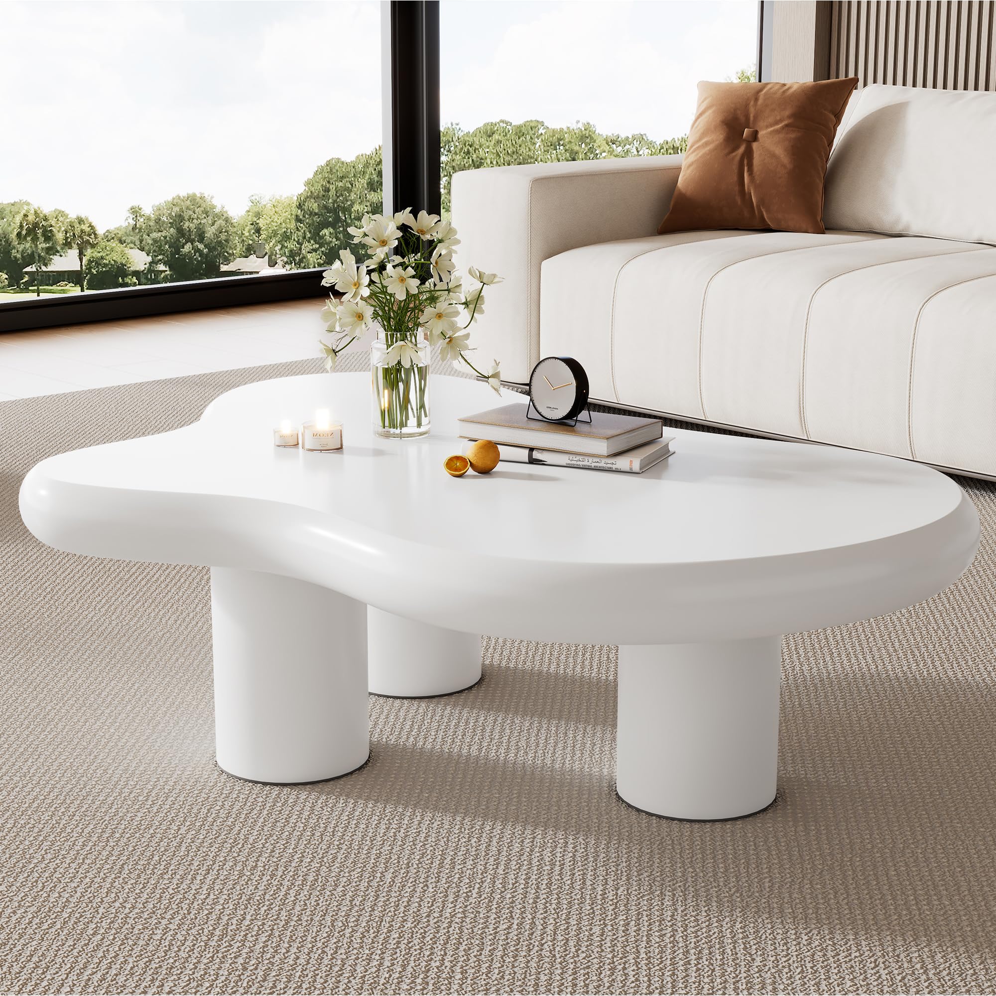 BTM Table Basse Irrégulière en Forme De Nuage, 97cm Longueur, 67cm Largeur, 32cm Hauteur, MDF avec Protège-Sols en Tissu, Surface Laquée, Table Créative