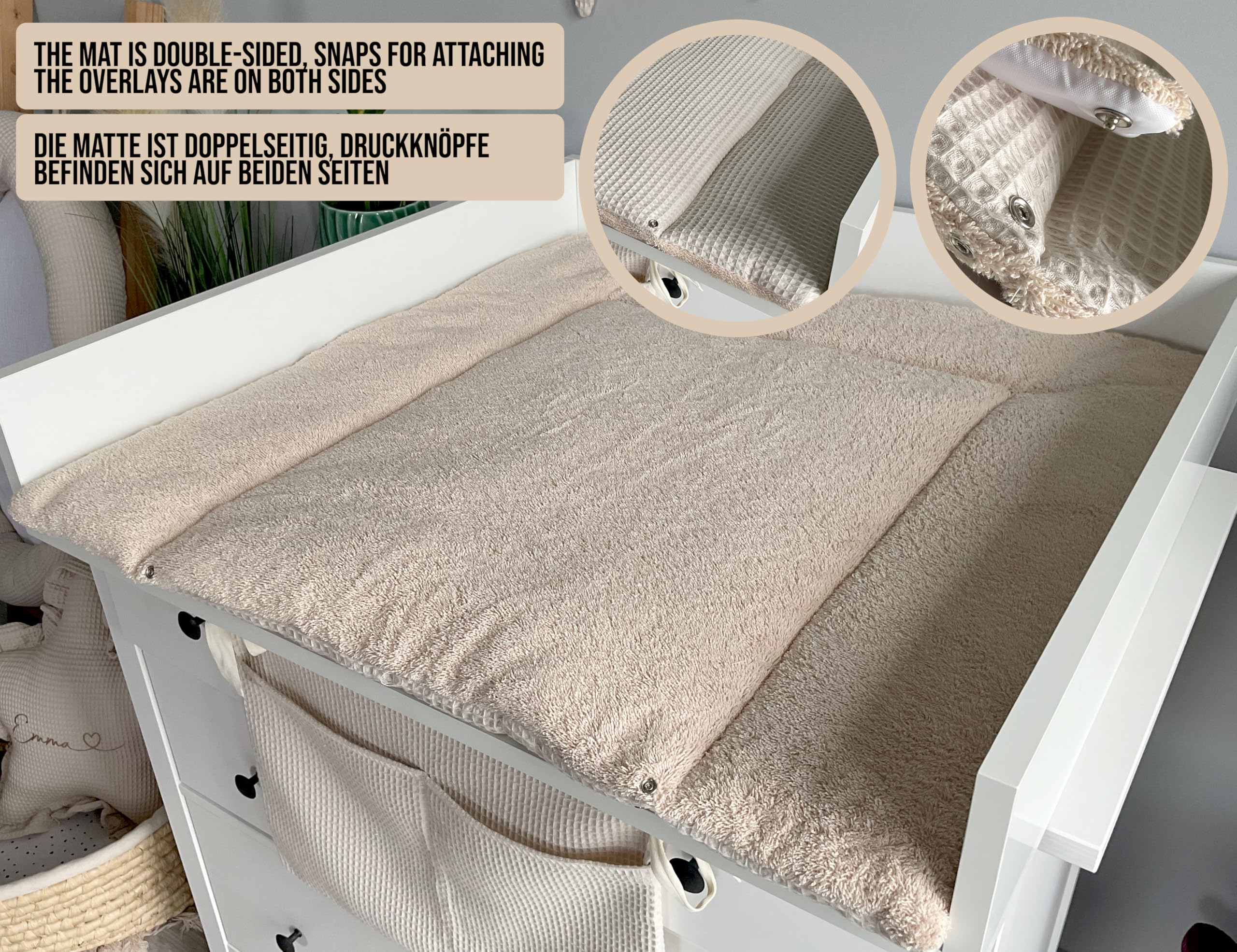 Wickelauflage Set 6-teilig – Wickelunterlage aus Waffelstoff & Frottee mit Druckknöpfen – Baby Wickelauflage – Wickeltischauflage – 75x75 cm (Breite x Tiefe), Hellbeige