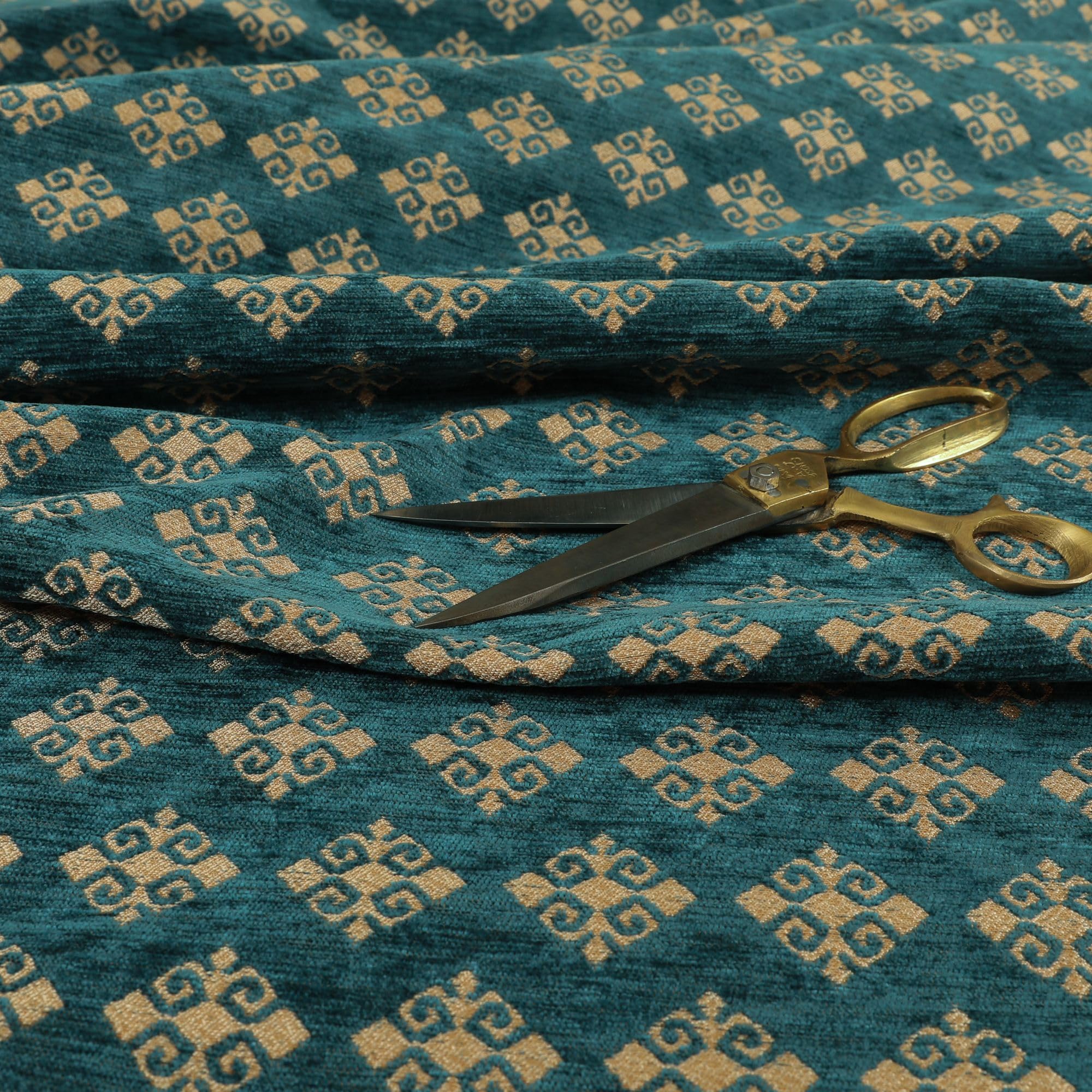 Redbrick Mill Fabrics Flame Retardant Soft Modern Quality Diamond Pattern in Blue Teal Gold Upholstery Fabric (Per Metre)