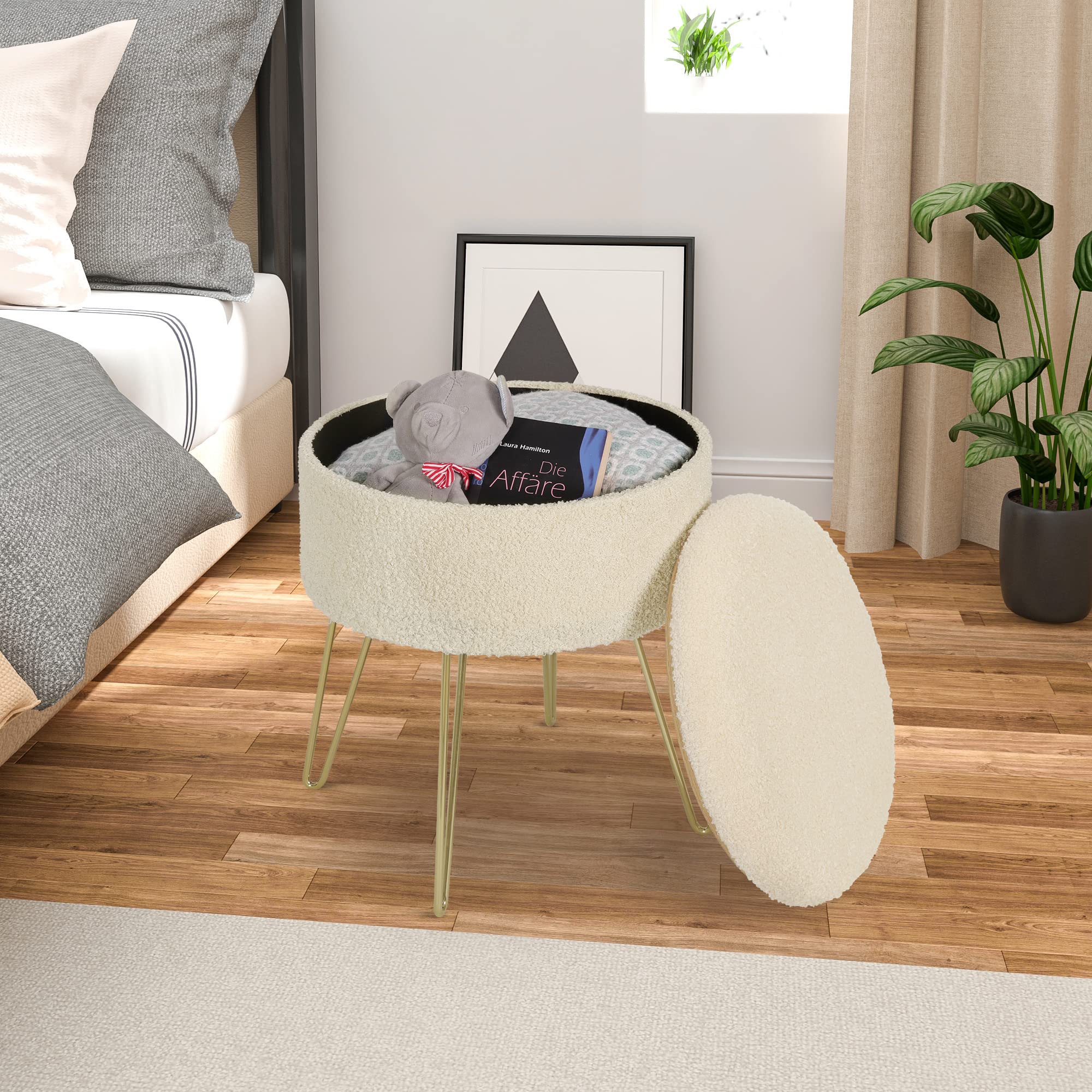 WOLTU Sgabello Contenitore Rotondo, Sgabello per Toeletta Trucco con Coperchio Rimovibile, Pouf Portaoggetti in Tessuto di Pile con Gambe in Metallo, Ø39 x 44 cm, Beige