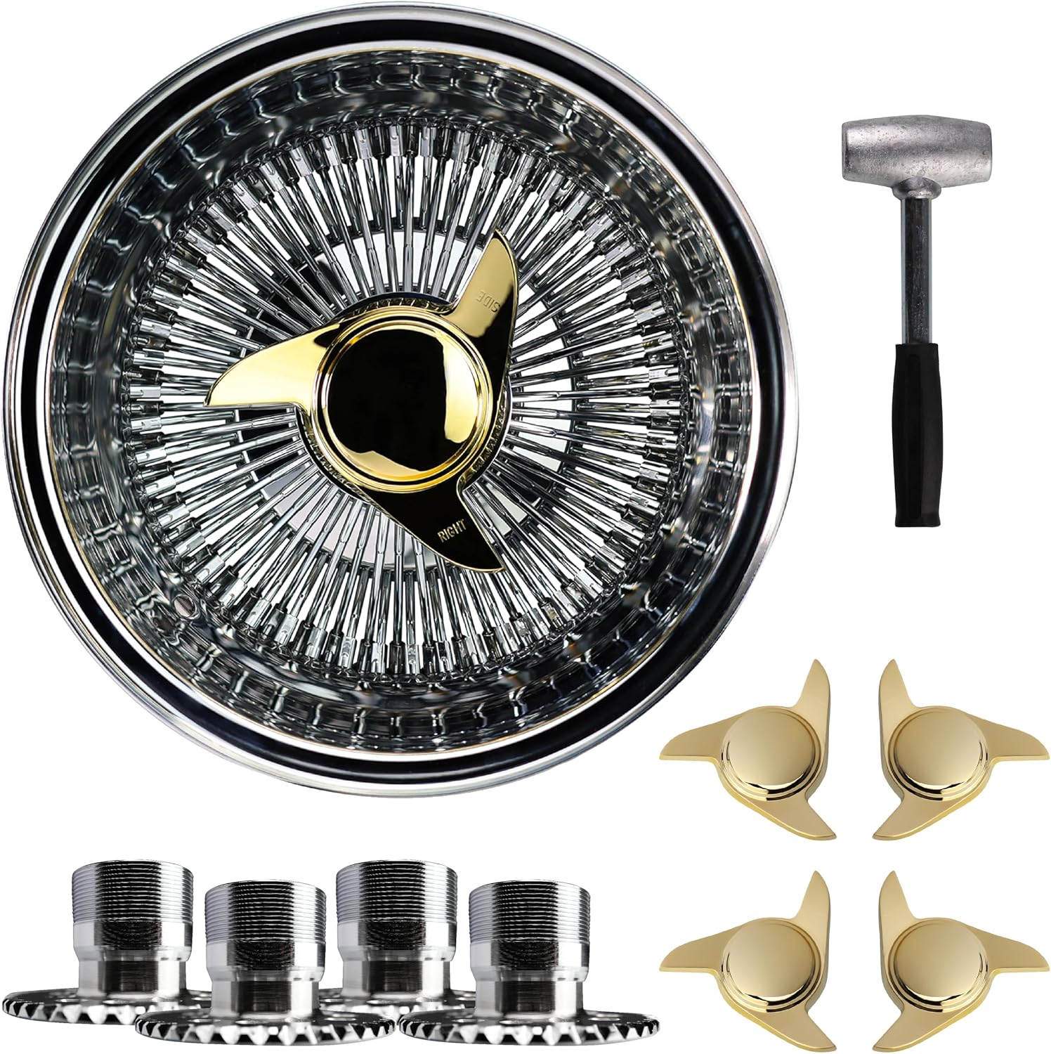13x7 Reverse 100 Spoke Straight Lace Wire Wheels w/ 3 Ear/Bar Gold Knock Off Spinner Caps + Chrome Adapters 4x100, 4x4.25, 4x4.5 | Deep Dish Lowrider Rims | Set of 4 + Lead Hammer